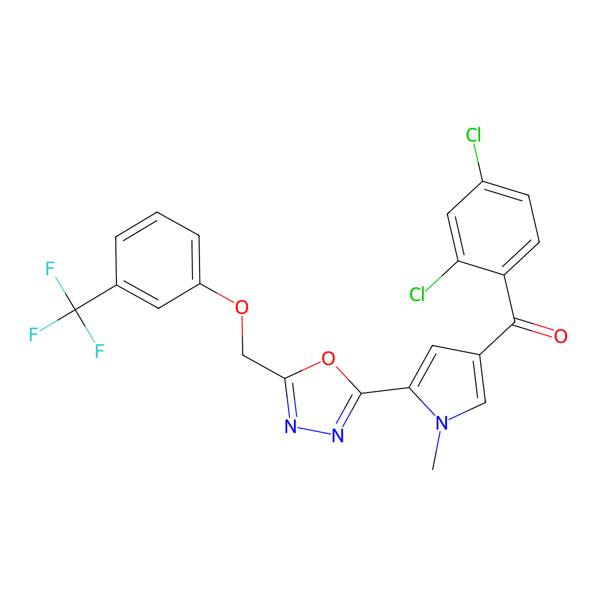 (2,4-dichlorophenyl)[1-methyl-5-(5-{[3-(trifluoromethyl)phenoxy]methyl}-1,3,4-oxadiazol-2-yl)-1H-pyrrol-3-yl]methanone molecular structure, CAS 338418-50-1