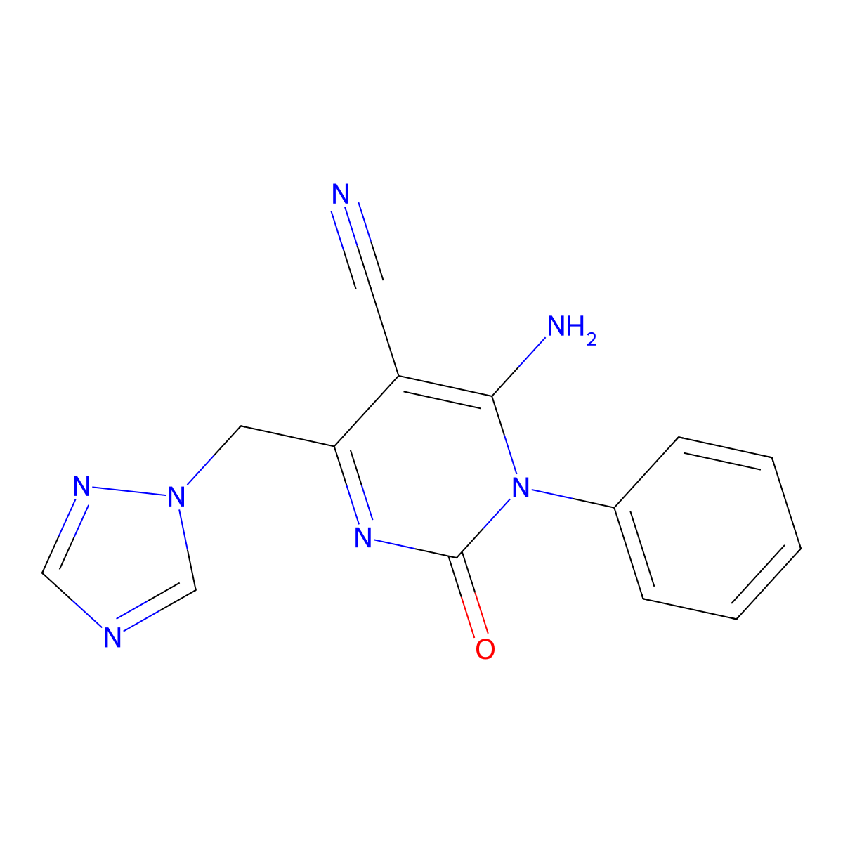 6-amino-2-oxo-1-phenyl-4-(1H-1,2,4-triazol-1-ylmethyl)-1,2-dihydro-5-pyrimidinecarbonitrile molecular structure, CAS 338418-59-0