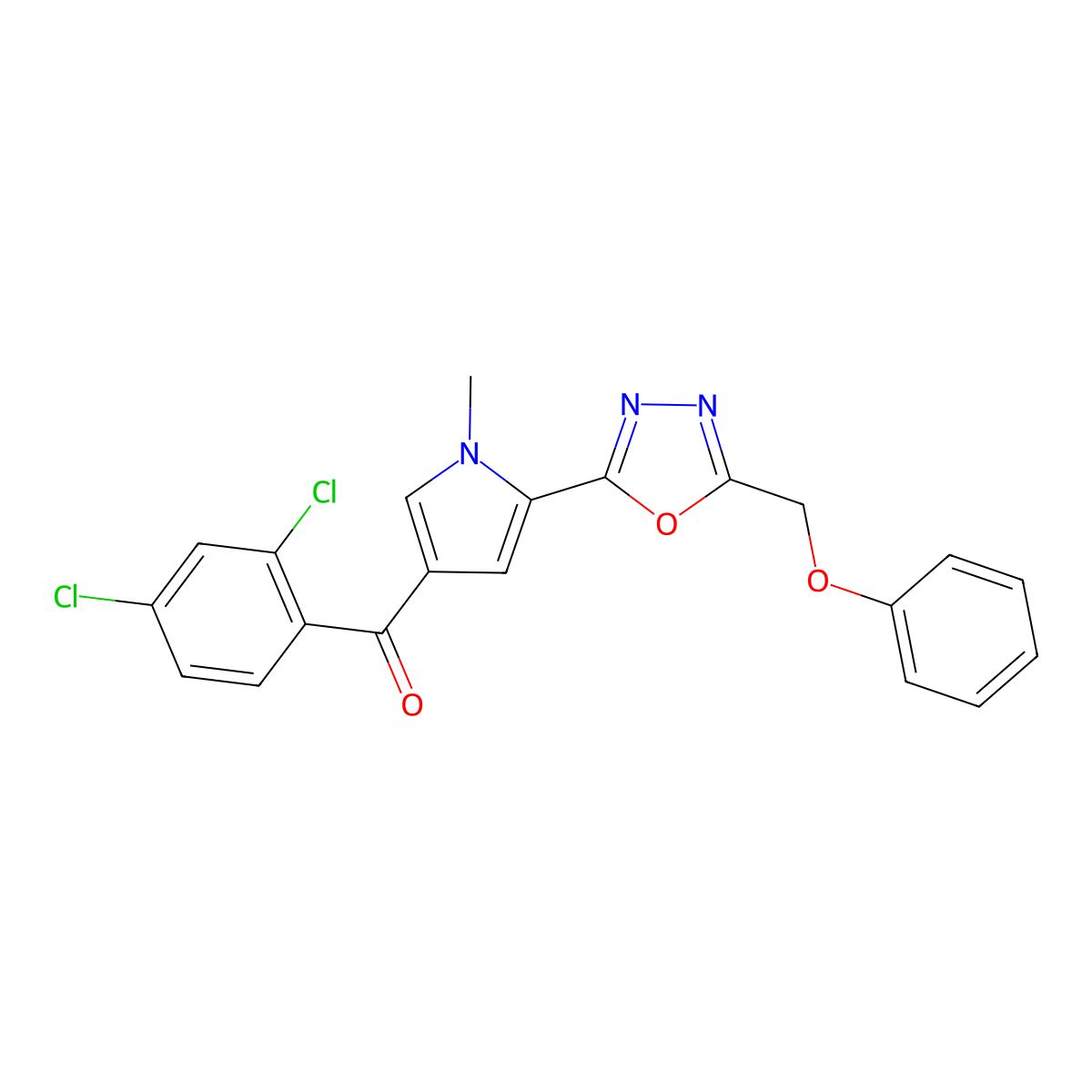 (2,4-dichlorophenyl){1-methyl-5-[5-(phenoxymethyl)-1,3,4-oxadiazol-2-yl]-1H-pyrrol-3-yl}methanone molecular structure, CAS 338418-65-8