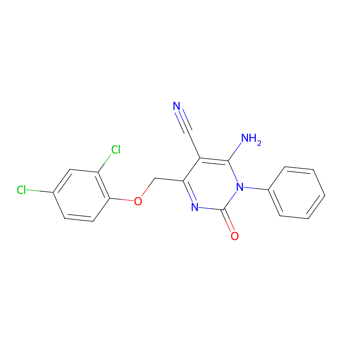 6-Amino-4-[(2,4-dichlorophenoxy)methyl]-2-oxo-1-phenyl-1,2-dihydro-5-pyrimidinecarbonitrile molecular structure, CAS 338418-69-2