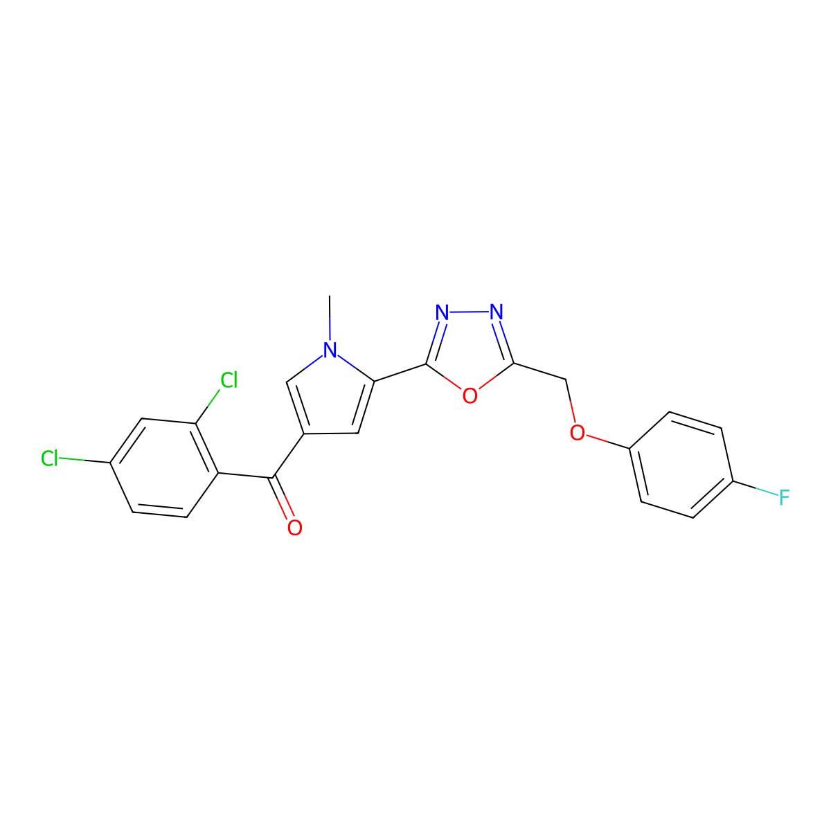 (2,4-dichlorophenyl)(5-{5-[(4-fluorophenoxy)methyl]-1,3,4-oxadiazol-2-yl}-1-methyl-1H-pyrrol-3-yl)methanone molecular structure, CAS 338418-73-8