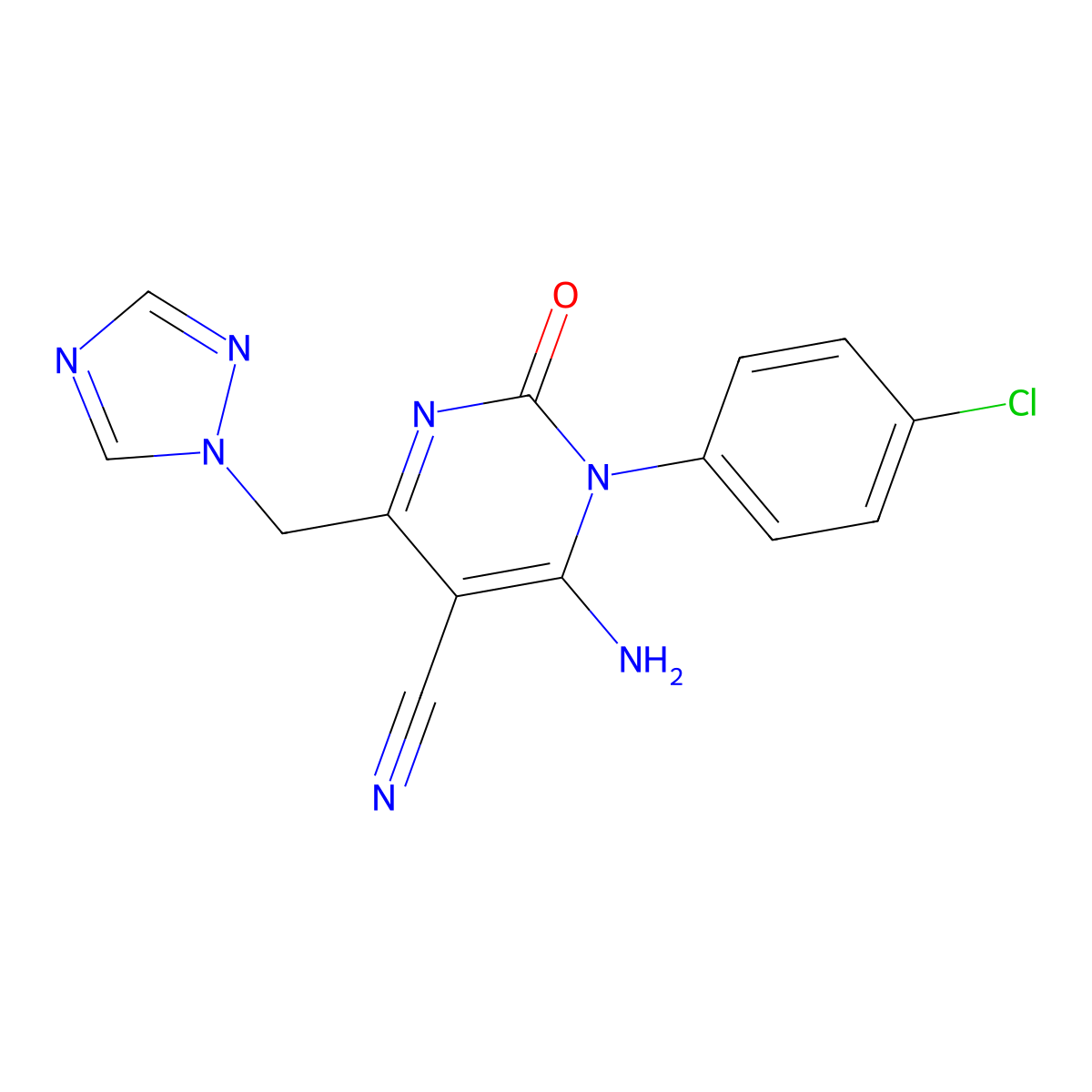 6-amino-1-(4-chlorophenyl)-2-oxo-4-(1H-1,2,4-triazol-1-ylmethyl)-1,2-dihydro-5-pyrimidinecarbonitrile molecular structure, CAS 338418-82-9