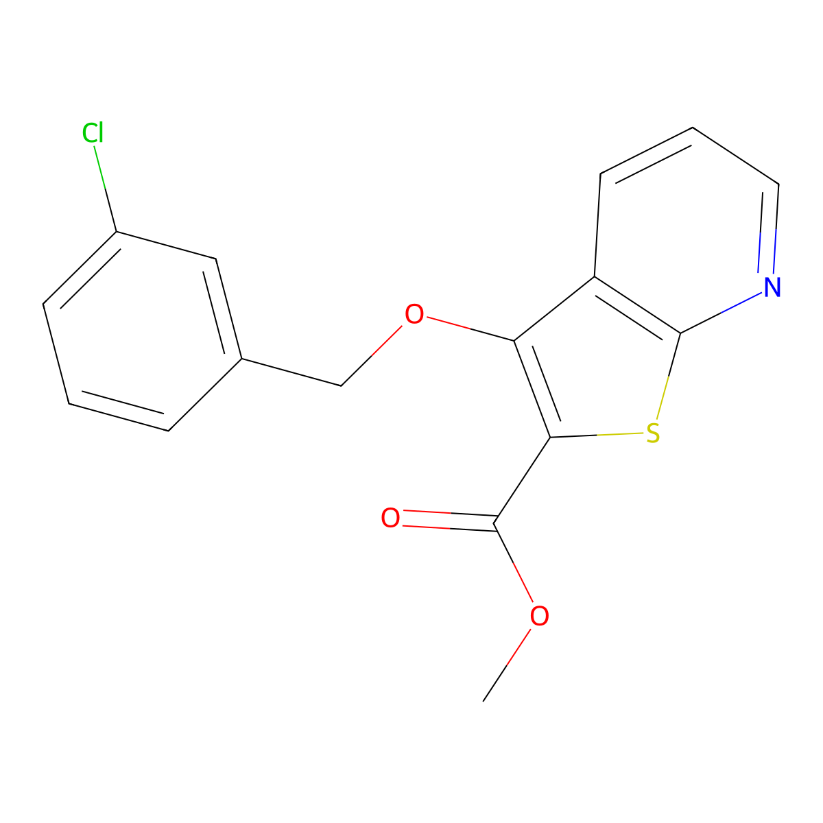 Methyl 3-[(3-chlorophenyl)methoxy]thieno[2,3-b]pyridine-2-carboxylate molecular structure, CAS 338419-38-8