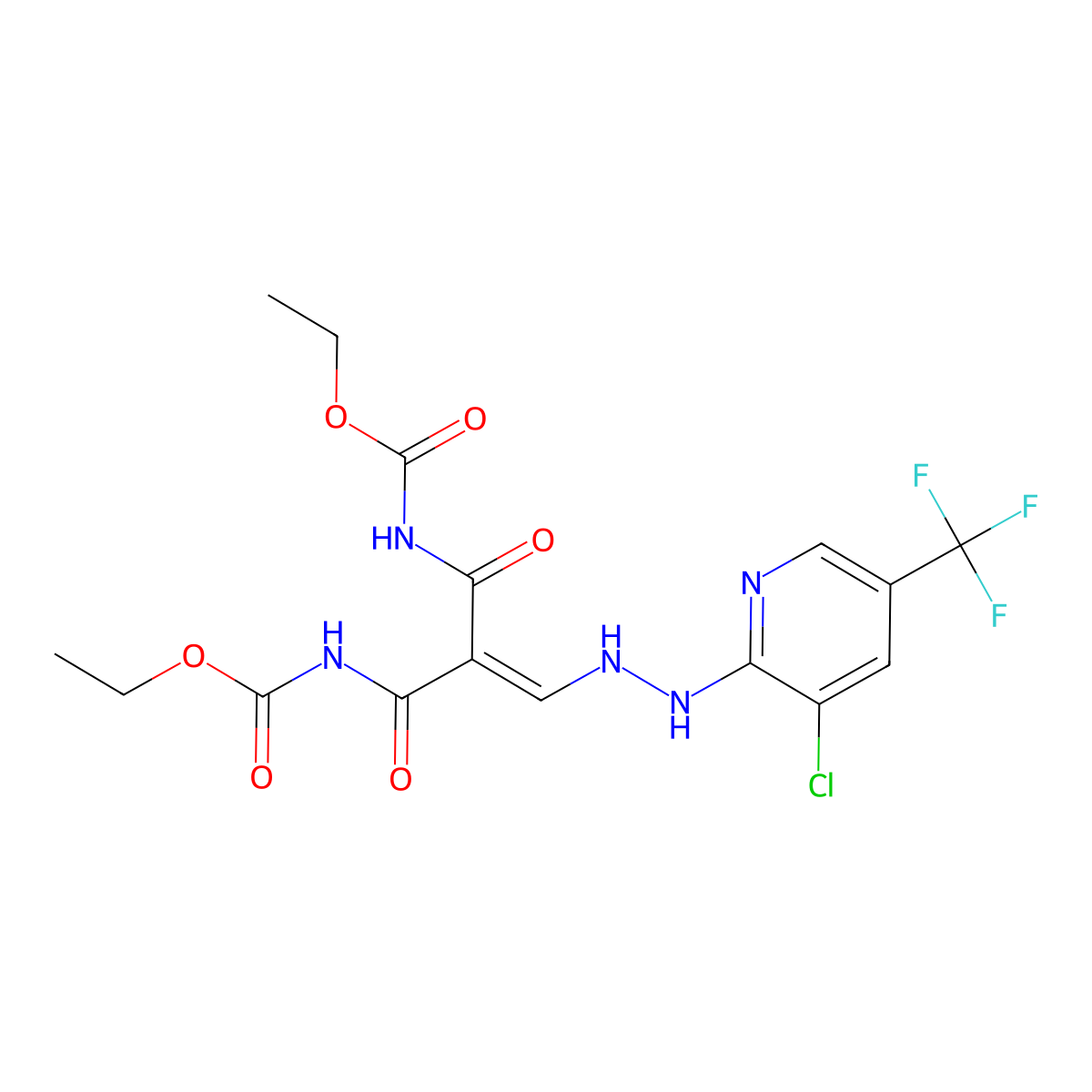 ethyl N-(3-{2-[3-chloro-5-(trifluoromethyl)-2-pyridinyl]hydrazino}-2-{[(ethoxycarbonyl)amino]carbonyl}acryloyl)carbamate molecular structure, CAS 338420-20-5