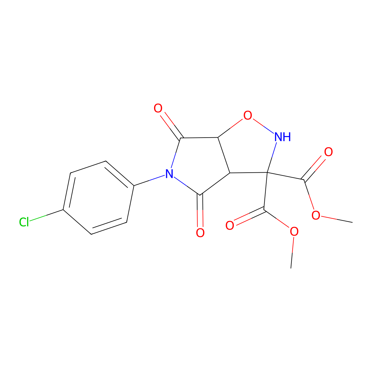 dimethyl 5-(4-chlorophenyl)-4,6-dioxotetrahydro-2H-pyrrolo[3,4-d]isoxazole-3,3(3aH)-dicarboxylate molecular structure, CAS 338420-26-1