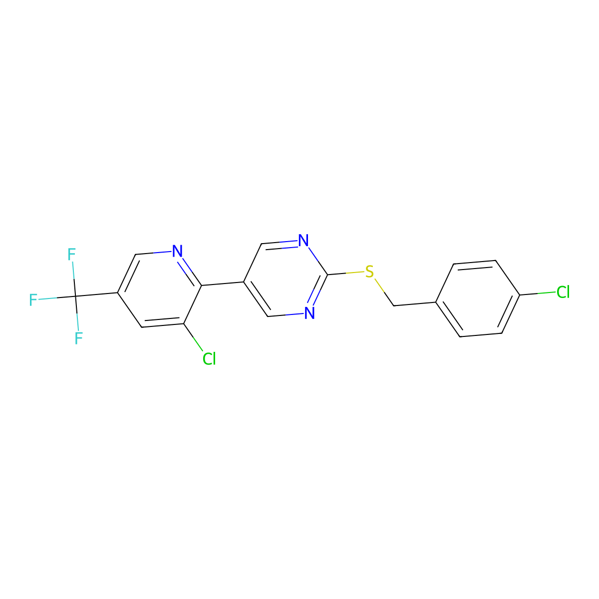 2-((4-Chlorobenzyl)sulfanyl)-5-(3-chloro-5-(trifluoromethyl)-2-pyridinyl)pyrimidine molecular structure, CAS 338420-91-0