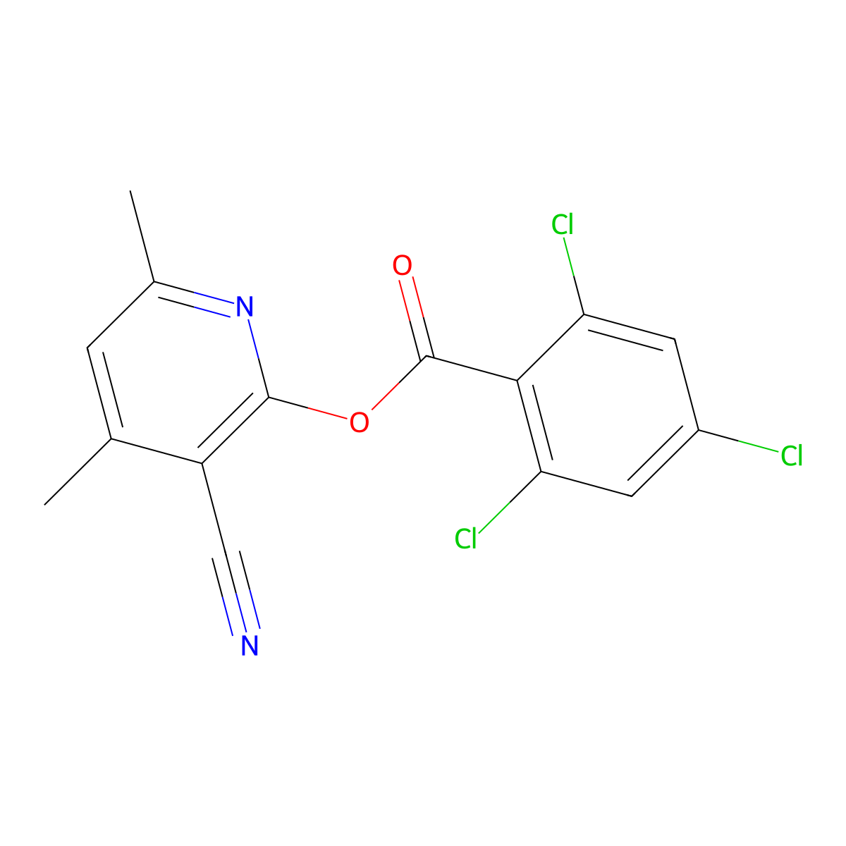 3-Cyano-4,6-dimethyl-2-pyridinyl 2,4,6-trichlorobenzenecarboxylate molecular structure, CAS 338421-29-7