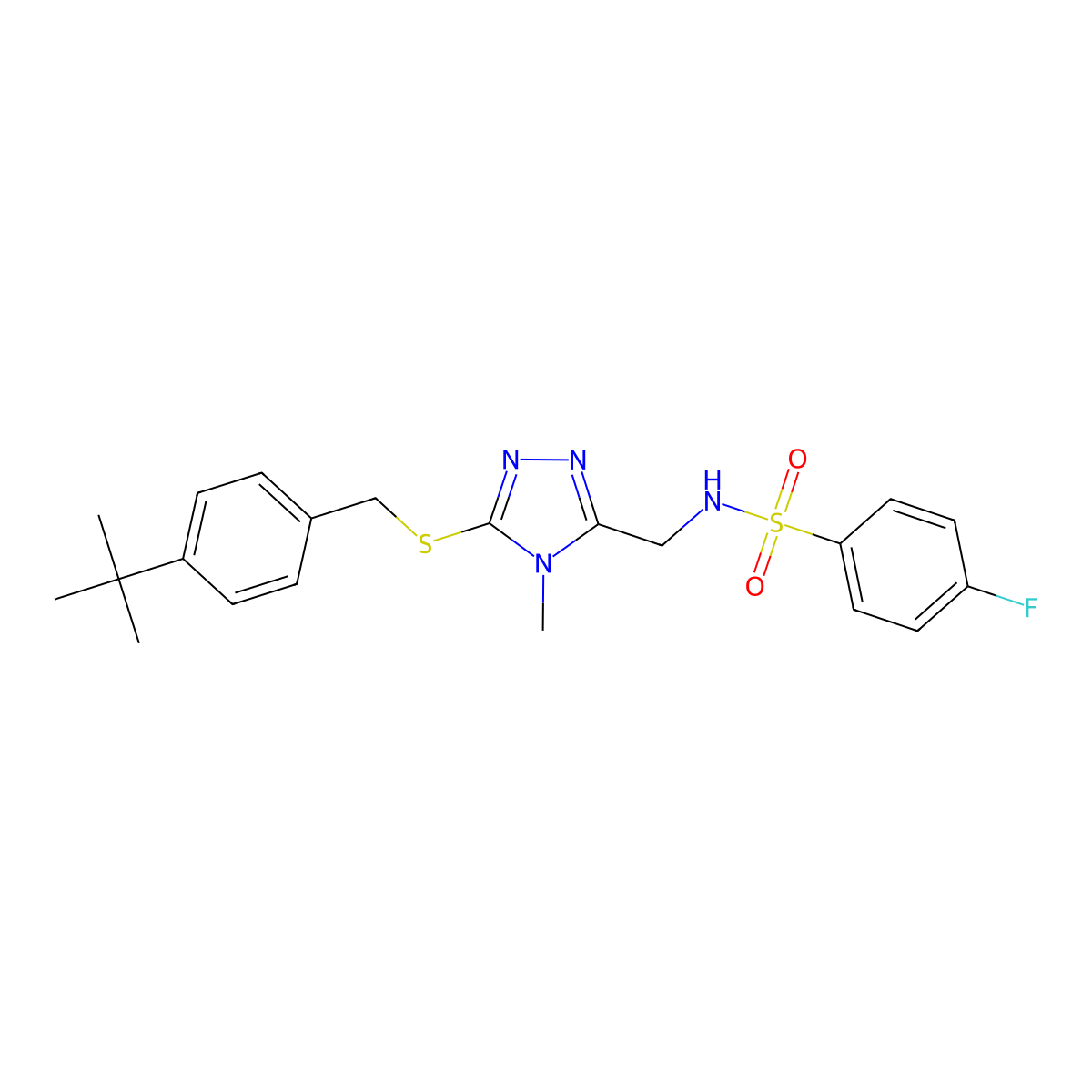 N-[(5-{[4-(tert-butyl)benzyl]sulfanyl}-4-methyl-4H-1,2,4-triazol-3-yl)methyl]-4-fluorobenzenesulfonamide molecular structure, CAS 338421-77-5