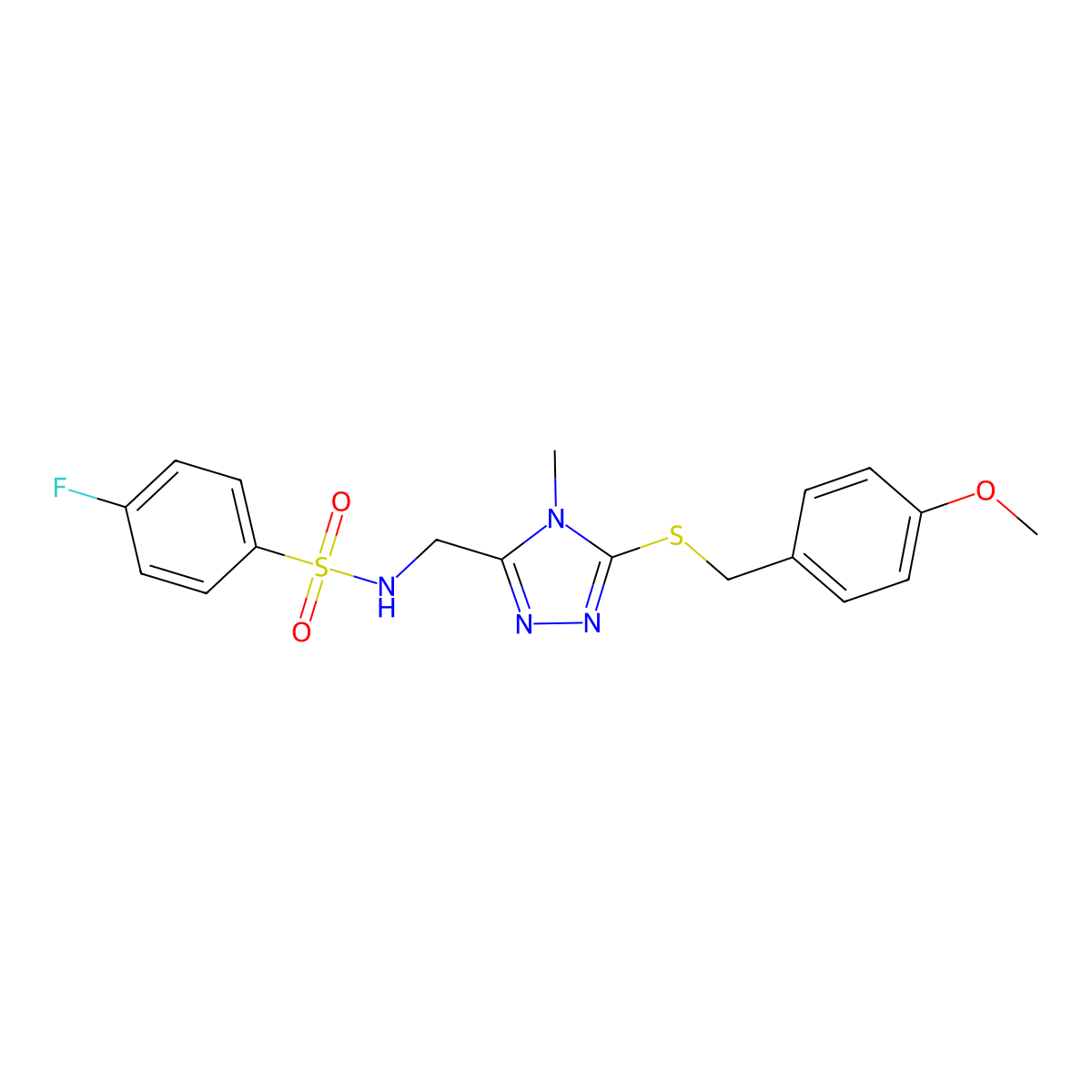 4-fluoro-N-({5-[(4-methoxybenzyl)sulfanyl]-4-methyl-4H-1,2,4-triazol-3-yl}methyl)benzenesulfonamide molecular structure, CAS 338421-78-6