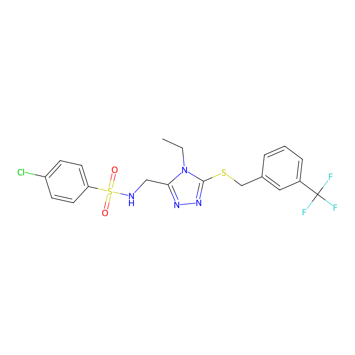 4-chloro-N-[(4-ethyl-5-{[3-(trifluoromethyl)benzyl]sulfanyl}-4H-1,2,4-triazol-3-yl)methyl]benzenesulfonamide molecular structure, CAS 338422-05-2