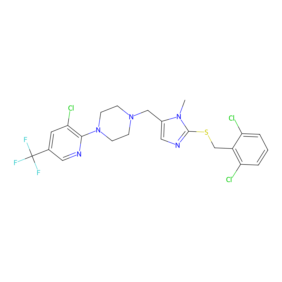 1-[3-Chloro-5-(trifluoromethyl)pyridin-2-yl]-4-[[2-[(2,6-dichlorophenyl)methylsulfanyl]-3-methylimidazol-4-yl]methyl]piperazine molecular structure, CAS 338422-48-3