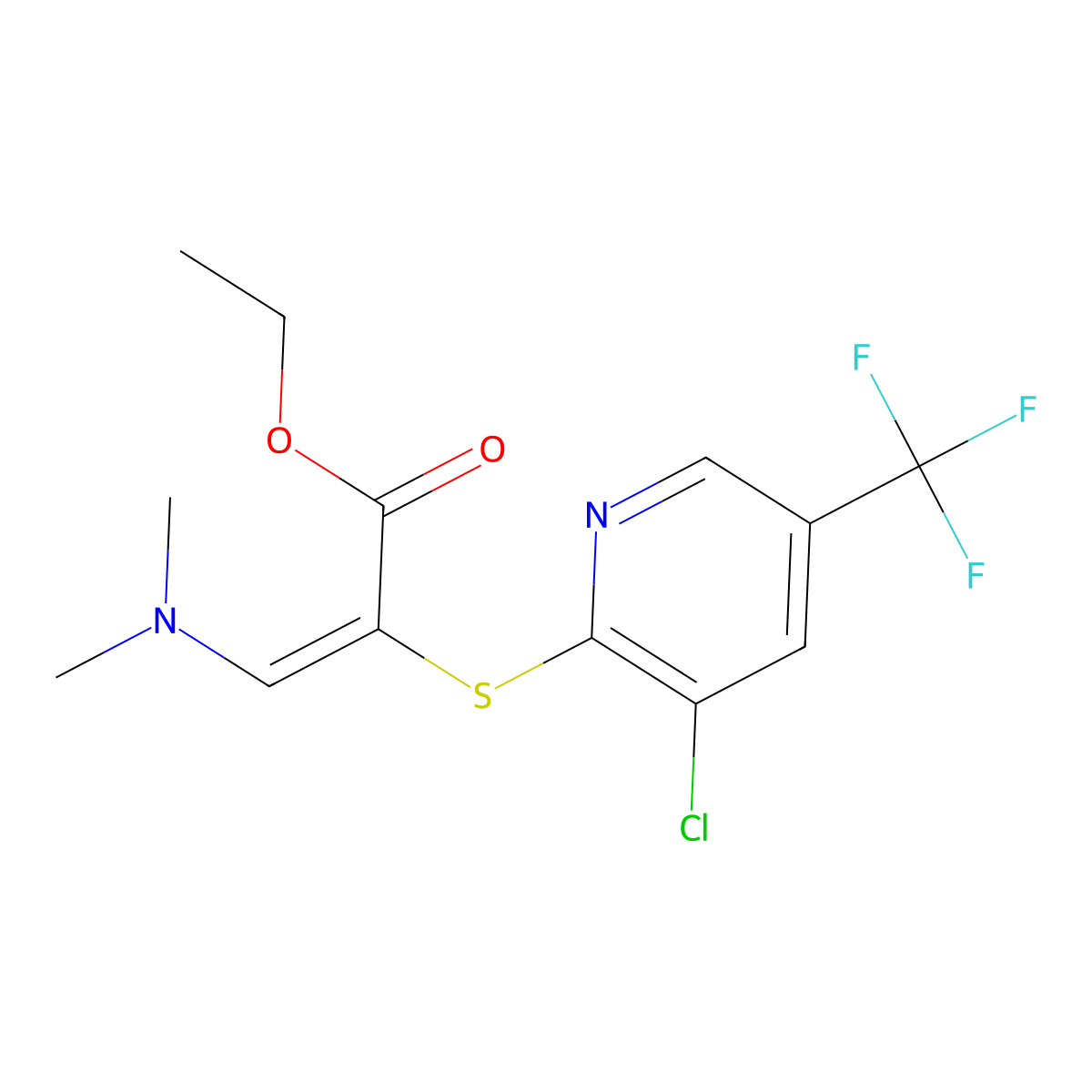 ethyl (2E)-2-{[3-chloro-5-(trifluoromethyl)pyridin-2-yl]sulfanyl}-3-(dimethylamino)prop-2-enoate molecular structure, CAS 338422-75-6