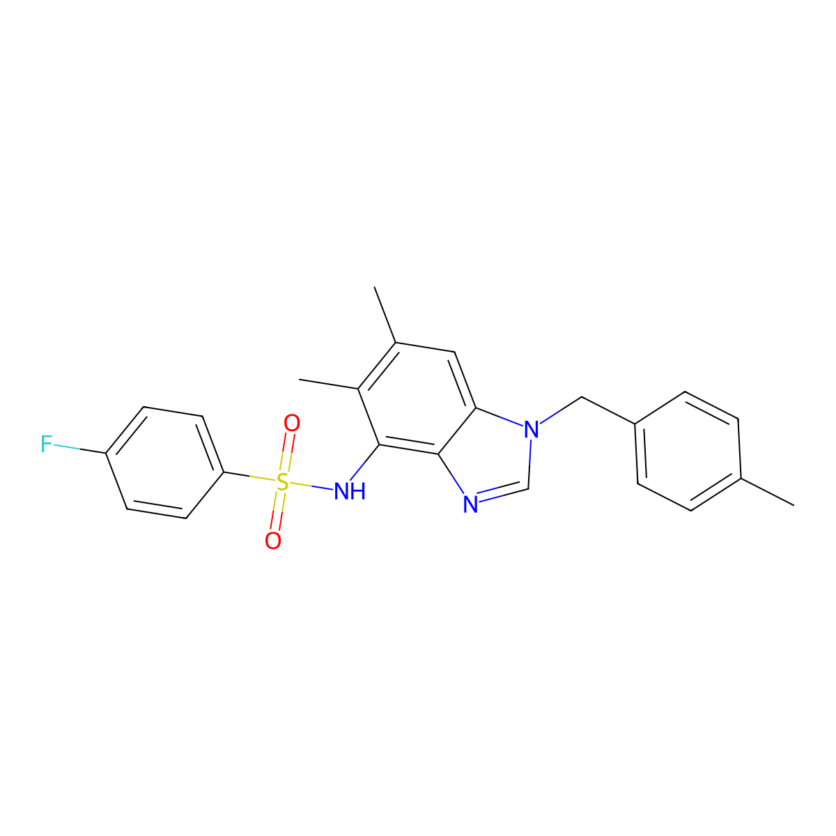 N-[5,6-dimethyl-1-(4-methylbenzyl)-1H-1,3-benzimidazol-4-yl]-4-fluorobenzenesulfonamide molecular structure, CAS 338422-94-9