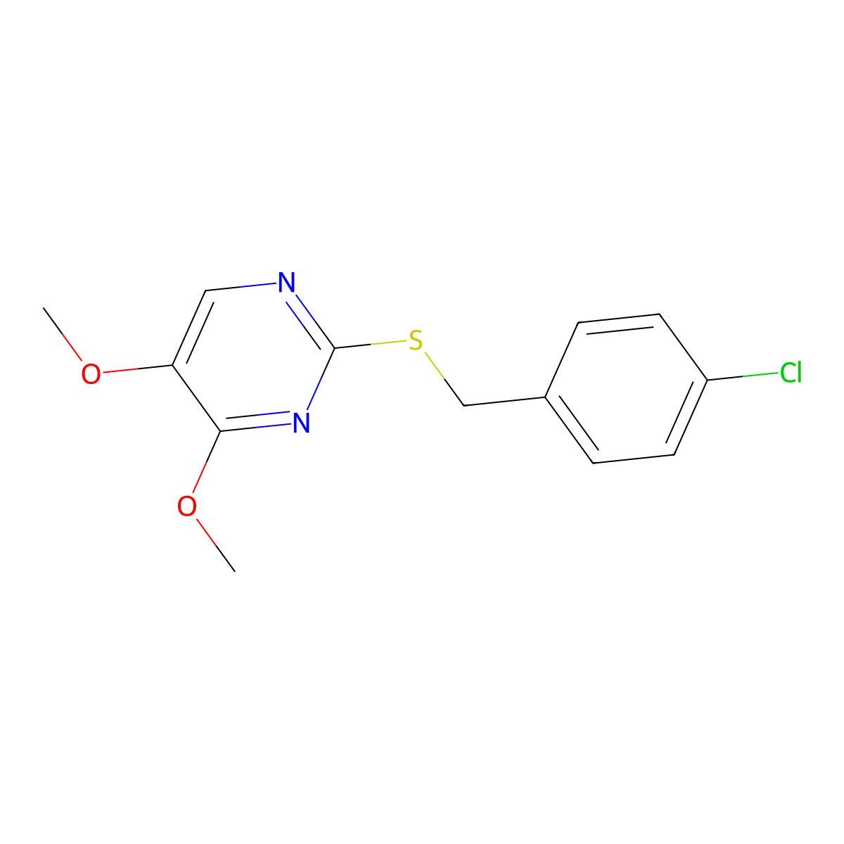 2-((4-Chlorobenzyl)sulfanyl)-4-methoxy-5-pyrimidinyl methyl ether molecular structure, CAS 338422-96-1