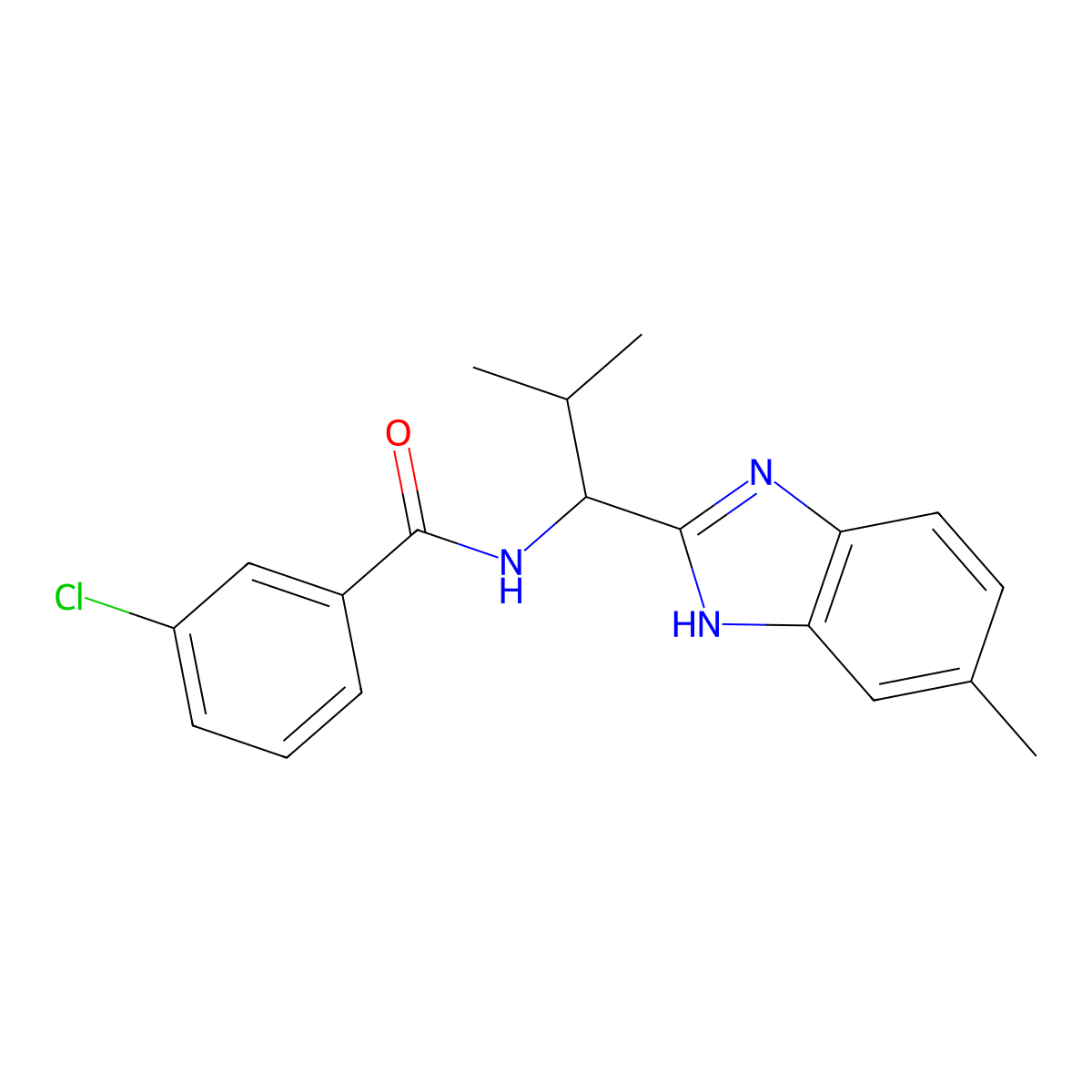 3-Chloro-N-(2-methyl-1-(5-methyl-1H-1,3-benzimidazol-2-yl)propyl)benzenecarboxamide molecular structure, CAS 338422-99-4