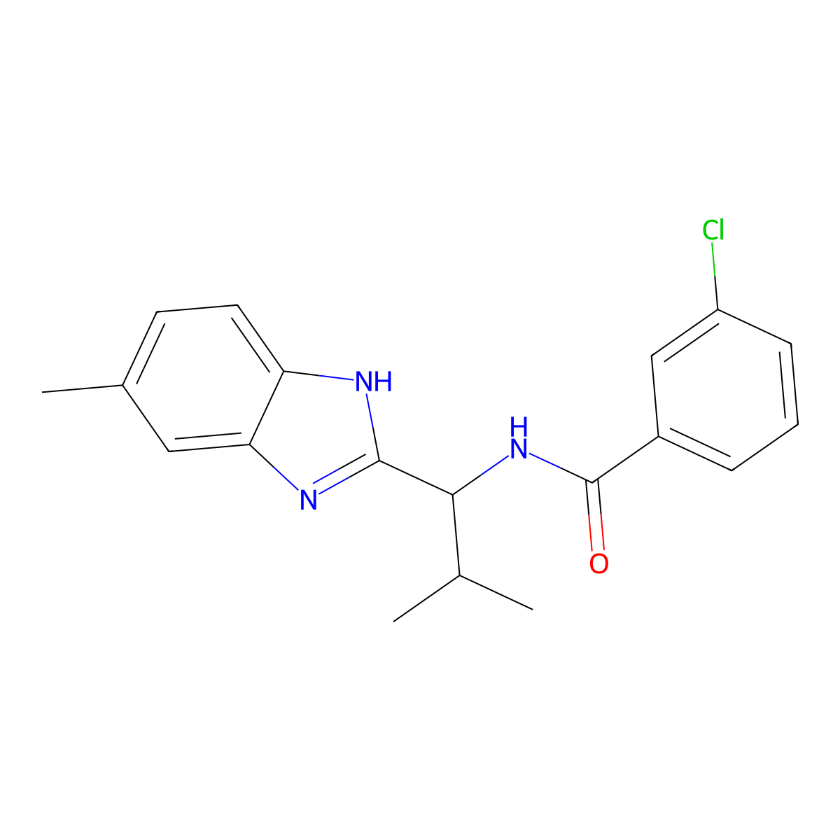 3-Chloro-N-(2-methyl-1-(5-methyl-1H-1,3-benzimidazol-2-yl)propyl)benzenecarboxamide molecular structure, CAS 338422-99-4