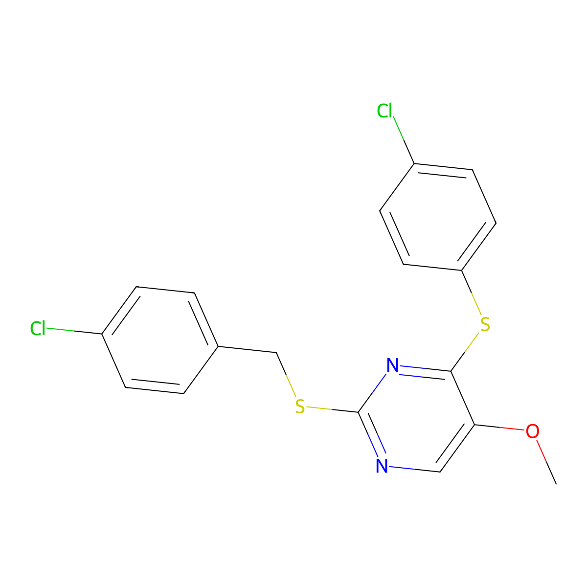 2-((4-Chlorobenzyl)sulfanyl)-4-((4-chlorophenyl)sulfanyl)-5-pyrimidinyl methyl ether molecular structure, CAS 338423-05-5