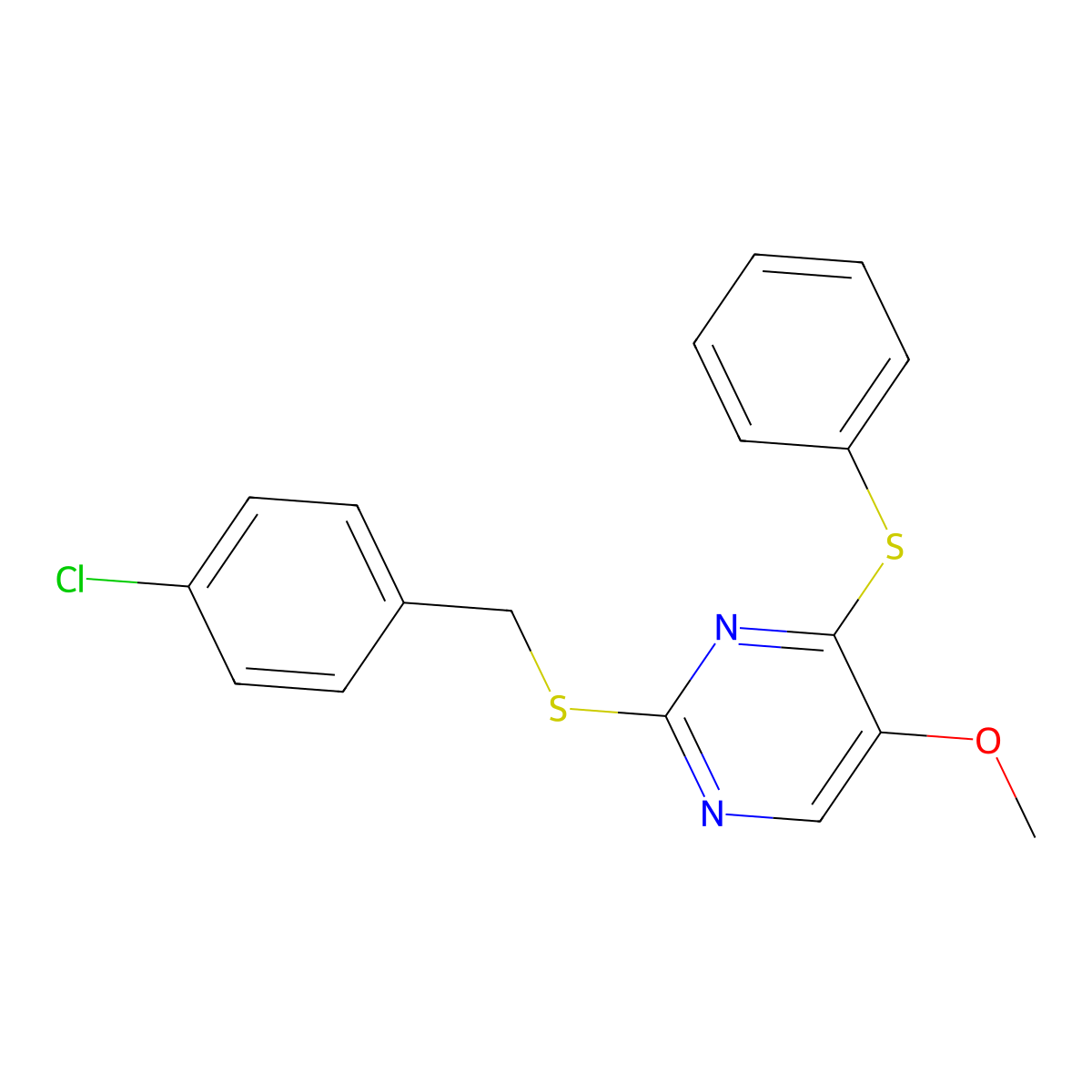 2-((4-Chlorobenzyl)sulfanyl)-4-(phenylsulfanyl)-5-pyrimidinyl methyl ether molecular structure, CAS 338423-06-6