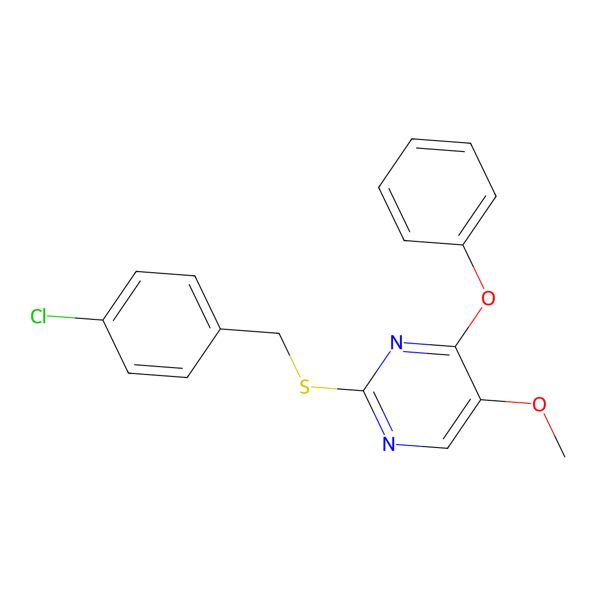 2-((4-Chlorobenzyl)sulfanyl)-5-methoxy-4-pyrimidinyl phenyl ether molecular structure, CAS 338423-08-8