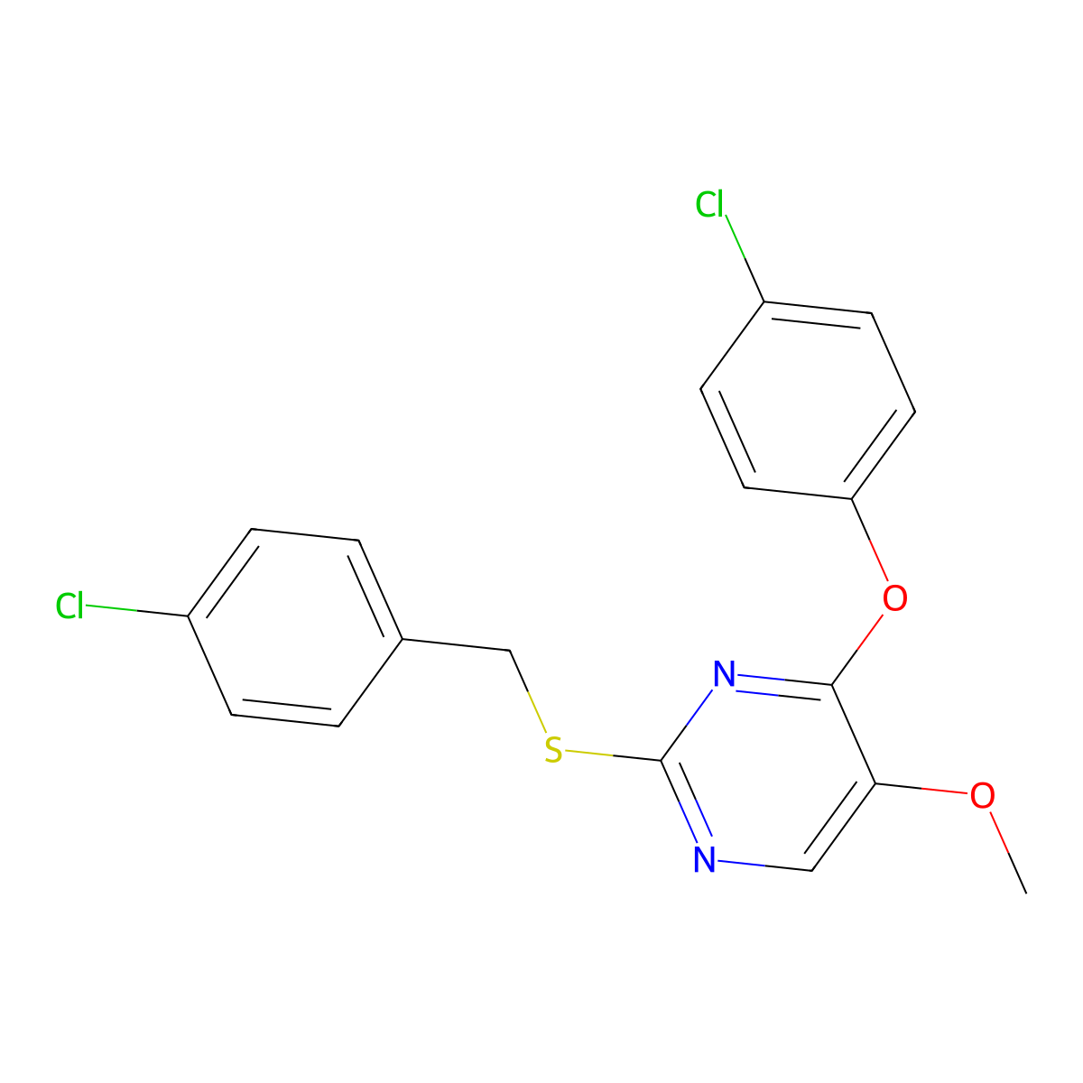 2-((4-Chlorobenzyl)sulfanyl)-4-(4-chlorophenoxy)-5-pyrimidinyl methyl ether molecular structure, CAS 338423-09-9