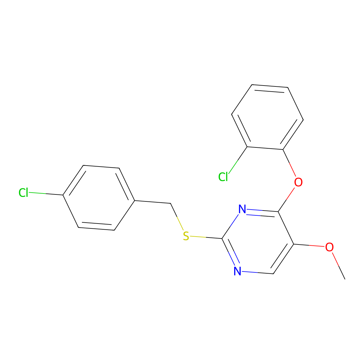 2-[(4-Chlorobenzyl)sulfanyl]-4-(2-chlorophenoxy)-5-pyrimidinyl methyl ether molecular structure, CAS 338423-10-2