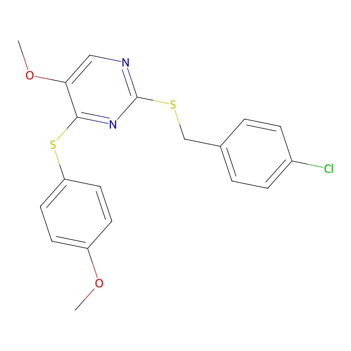 2-((4-Chlorobenzyl)sulfanyl)-4-((4-methoxyphenyl)sulfanyl)-5-pyrimidinyl methyl ether molecular structure, CAS 338423-12-4
