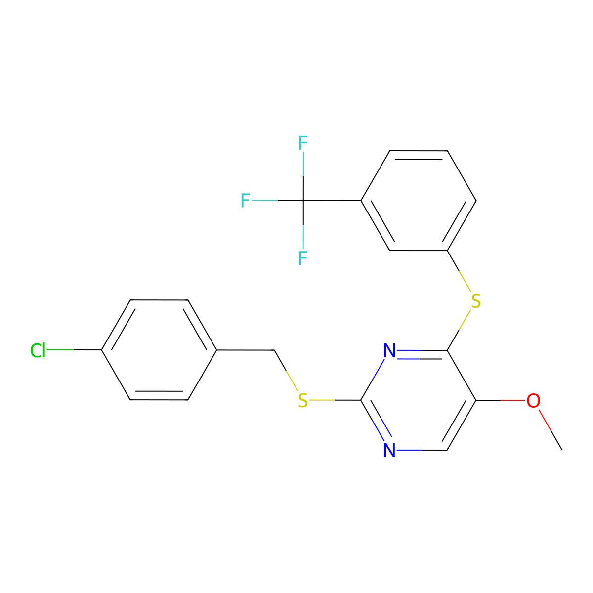 2-[(4-Chlorobenzyl)sulfanyl]-4-{[3-(trifluoromethyl)phenyl]sulfanyl}-5-pyrimidinyl methyl ether molecular structure, CAS 338423-13-5