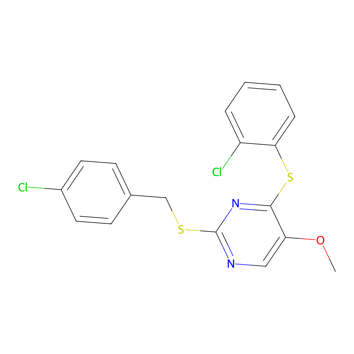 2-((4-Chlorobenzyl)sulfanyl)-4-((2-chlorophenyl)sulfanyl)-5-pyrimidinyl methyl ether molecular structure, CAS 338423-14-6