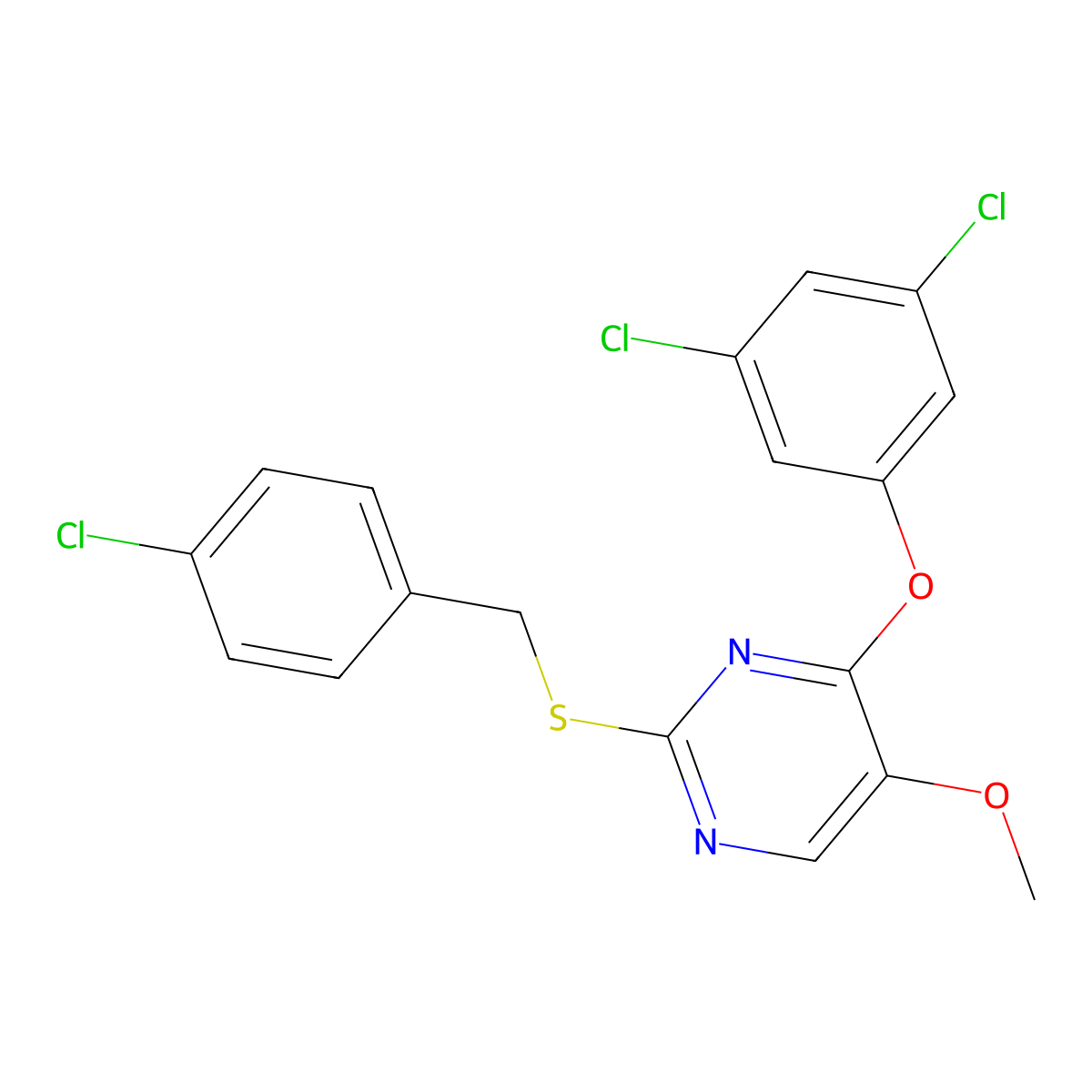 2-((4-Chlorobenzyl)sulfanyl)-4-(3,5-dichlorophenoxy)-5-pyrimidinyl methyl ether molecular structure, CAS 338423-19-1