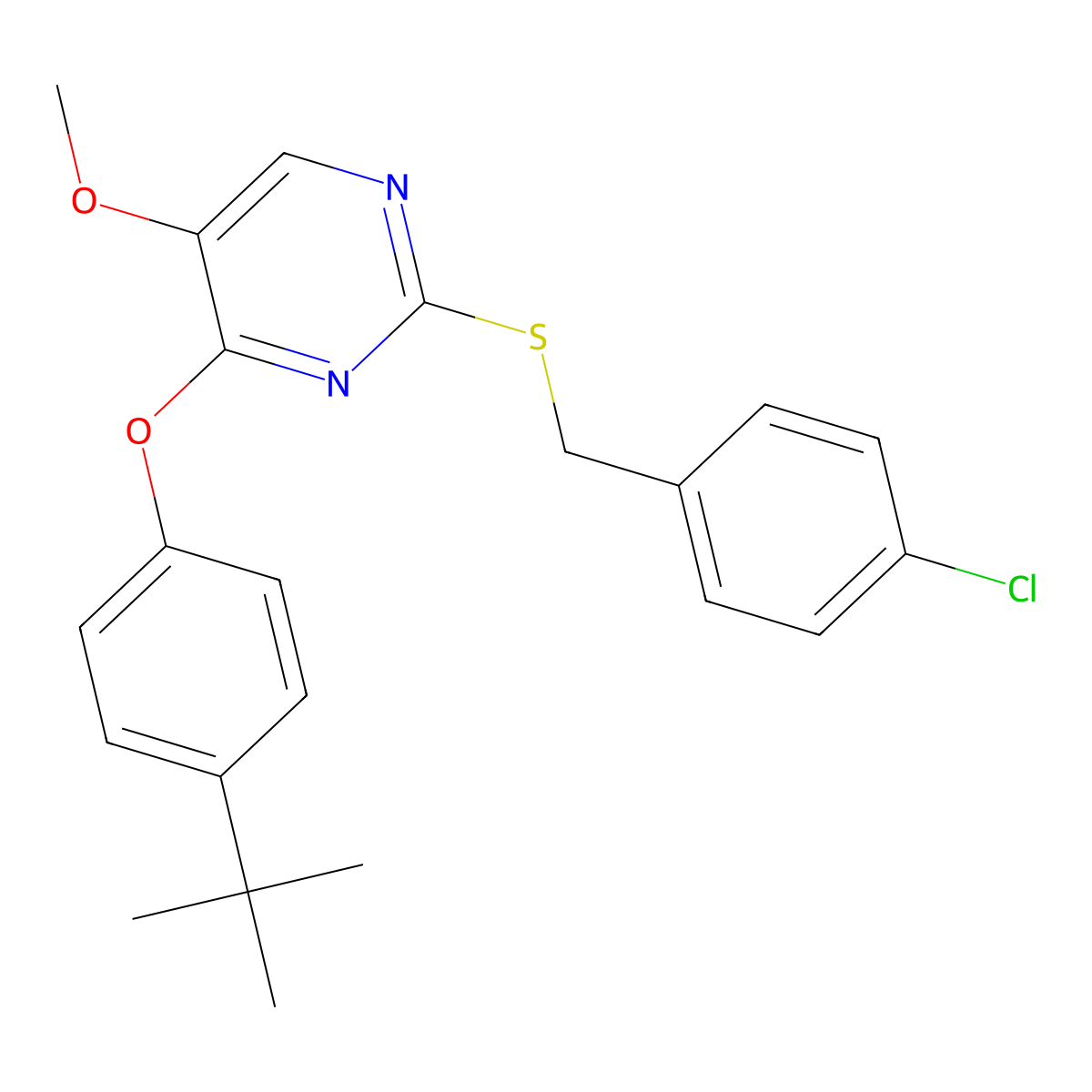 4-(4-(Tert-butyl)phenoxy)-2-((4-chlorobenzyl)sulfanyl)-5-pyrimidinyl methyl ether molecular structure, CAS 338423-21-5