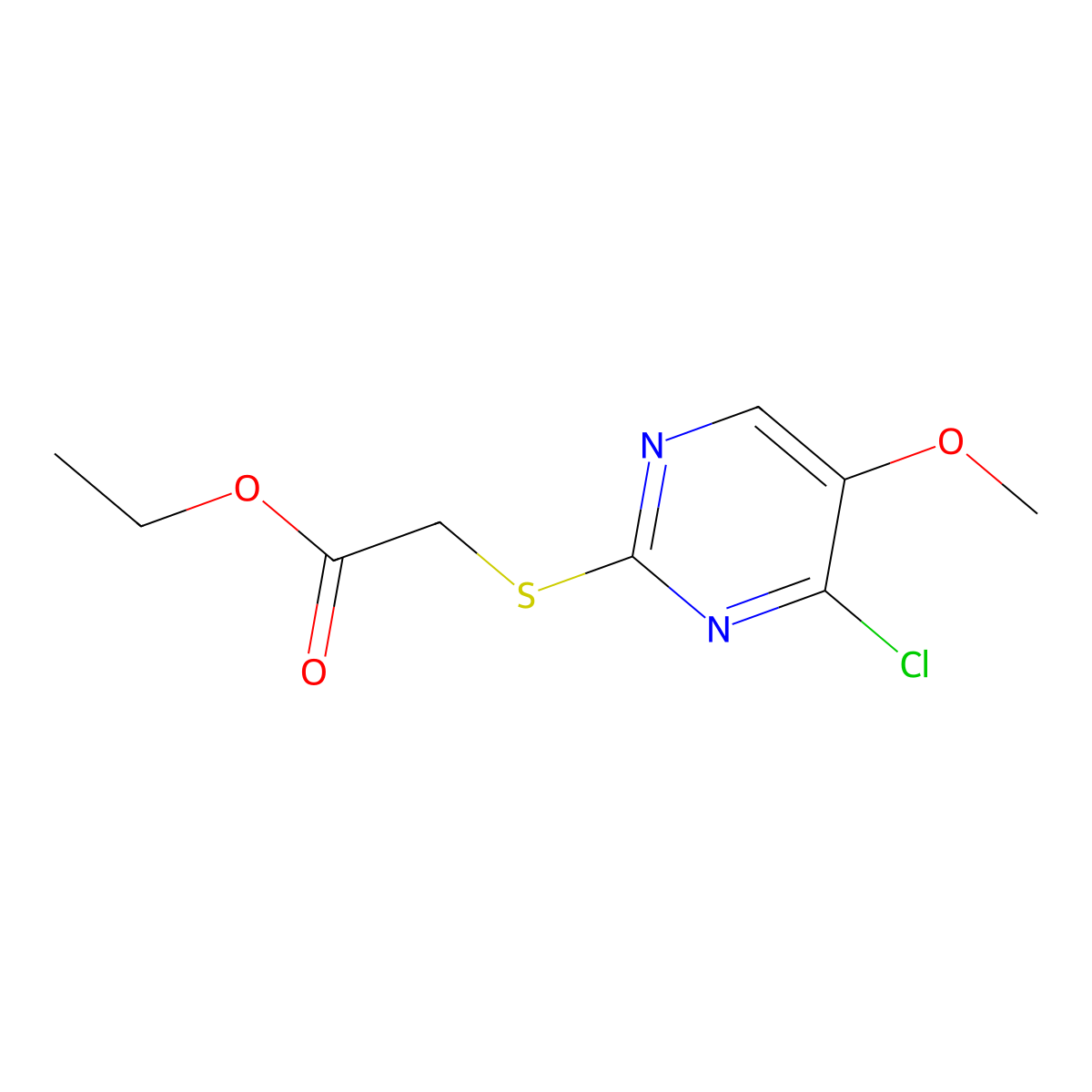 Ethyl 2-((4-chloro-5-methoxypyrimidin-2-yl)thio)acetate molecular structure, CAS 338423-24-8