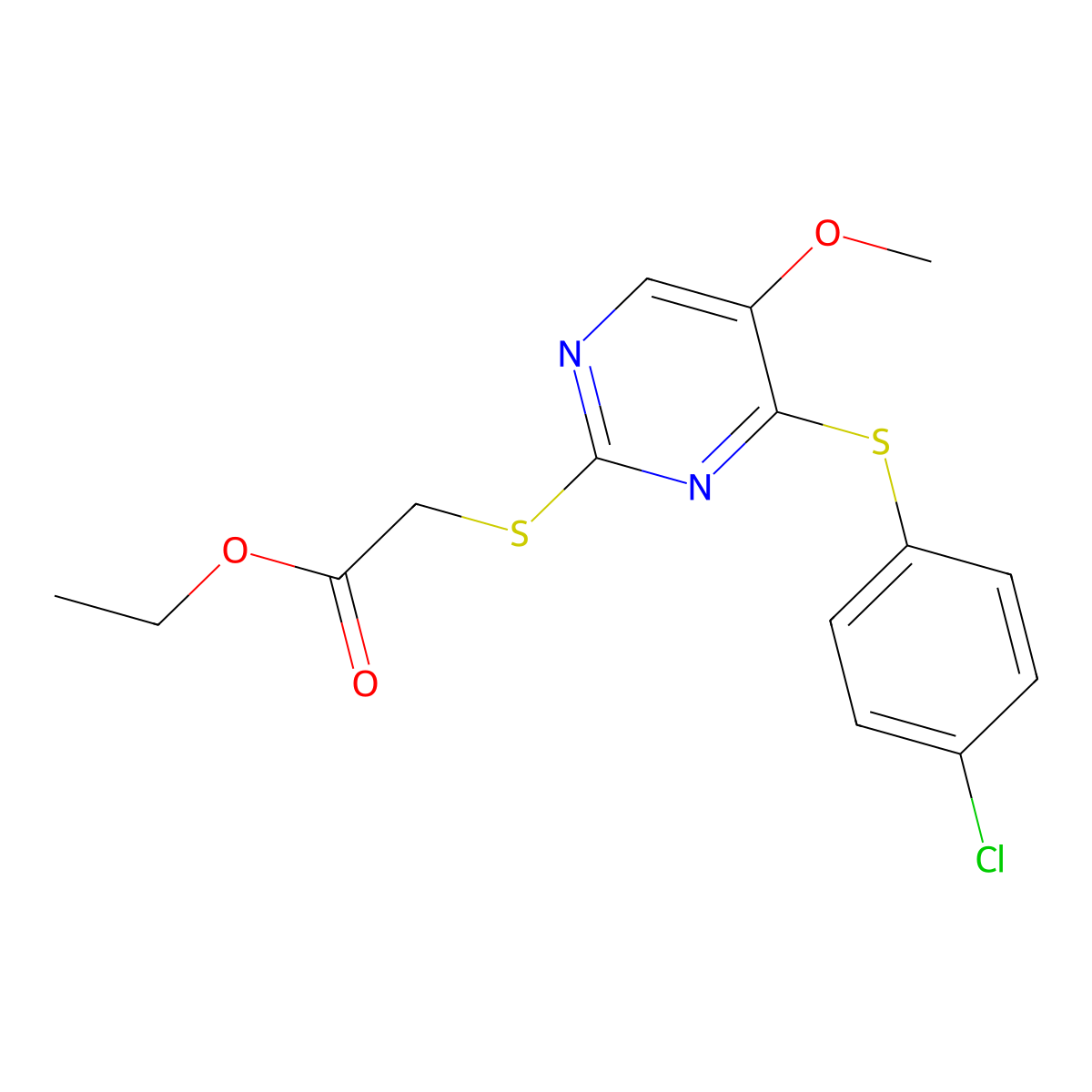 Ethyl 2-((4-((4-chlorophenyl)sulfanyl)-5-methoxy-2-pyrimidinyl)sulfanyl)acetate molecular structure, CAS 338423-25-9