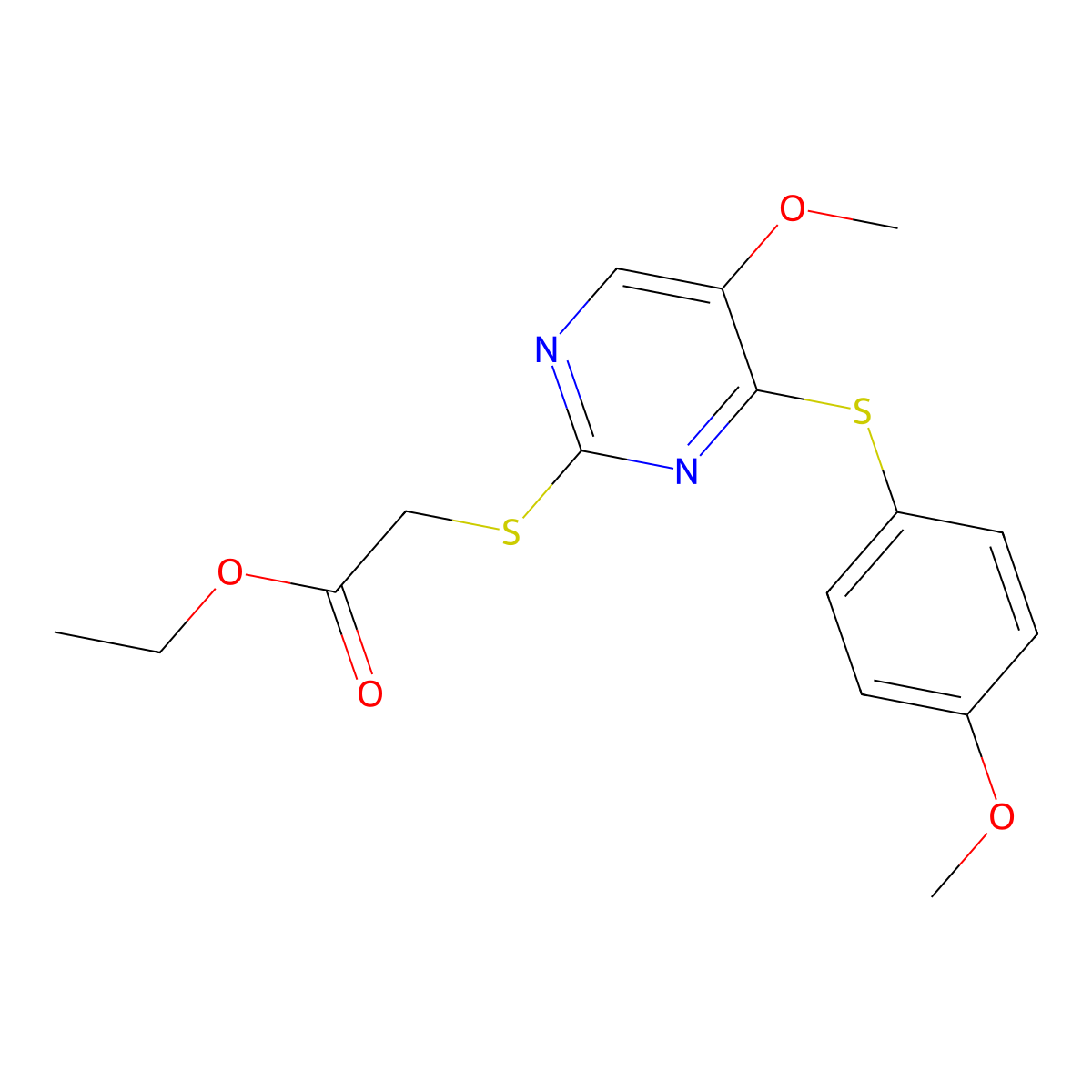 Ethyl 2-((5-methoxy-4-((4-methoxyphenyl)sulfanyl)-2-pyrimidinyl)sulfanyl)acetate molecular structure, CAS 338423-26-0