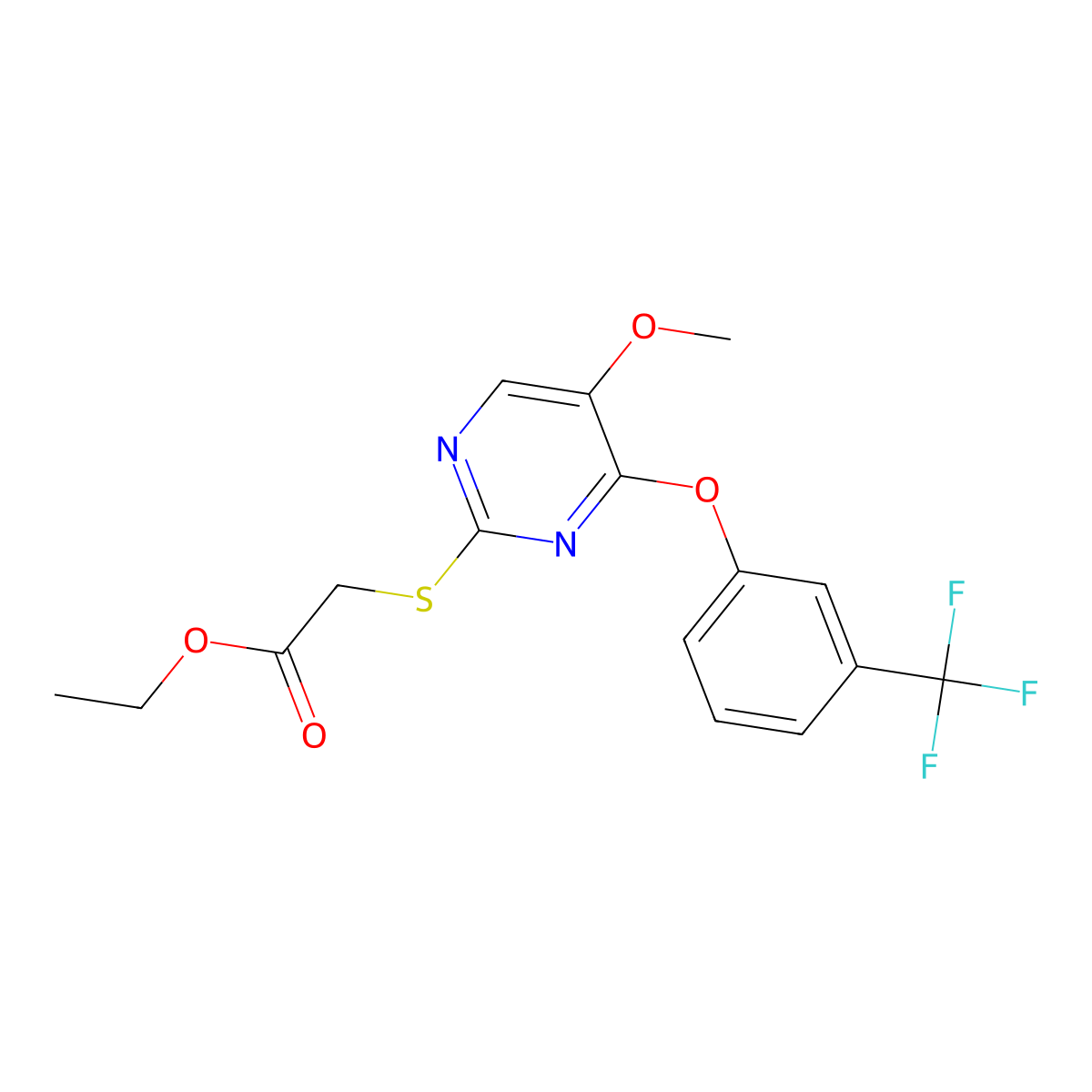 Ethyl 2-((5-methoxy-4-(3-(trifluoromethyl)phenoxy)-2-pyrimidinyl)sulfanyl)acetate molecular structure, CAS 338423-35-1