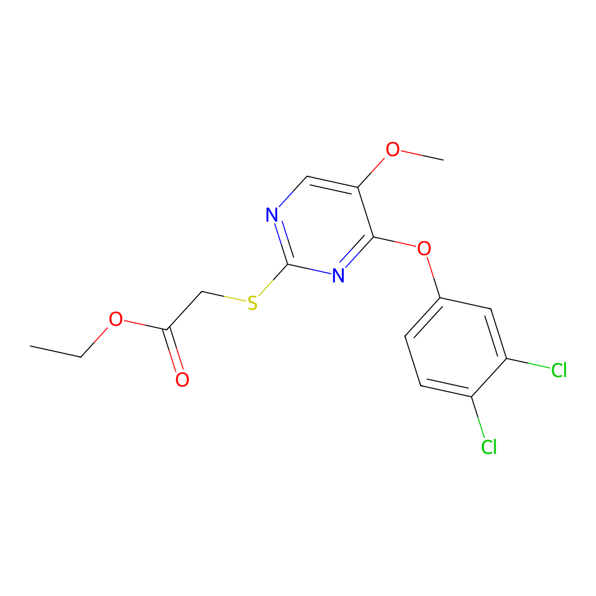 Ethyl 2-((4-(3,4-dichlorophenoxy)-5-methoxy-2-pyrimidinyl)sulfanyl)acetate molecular structure, CAS 338423-36-2
