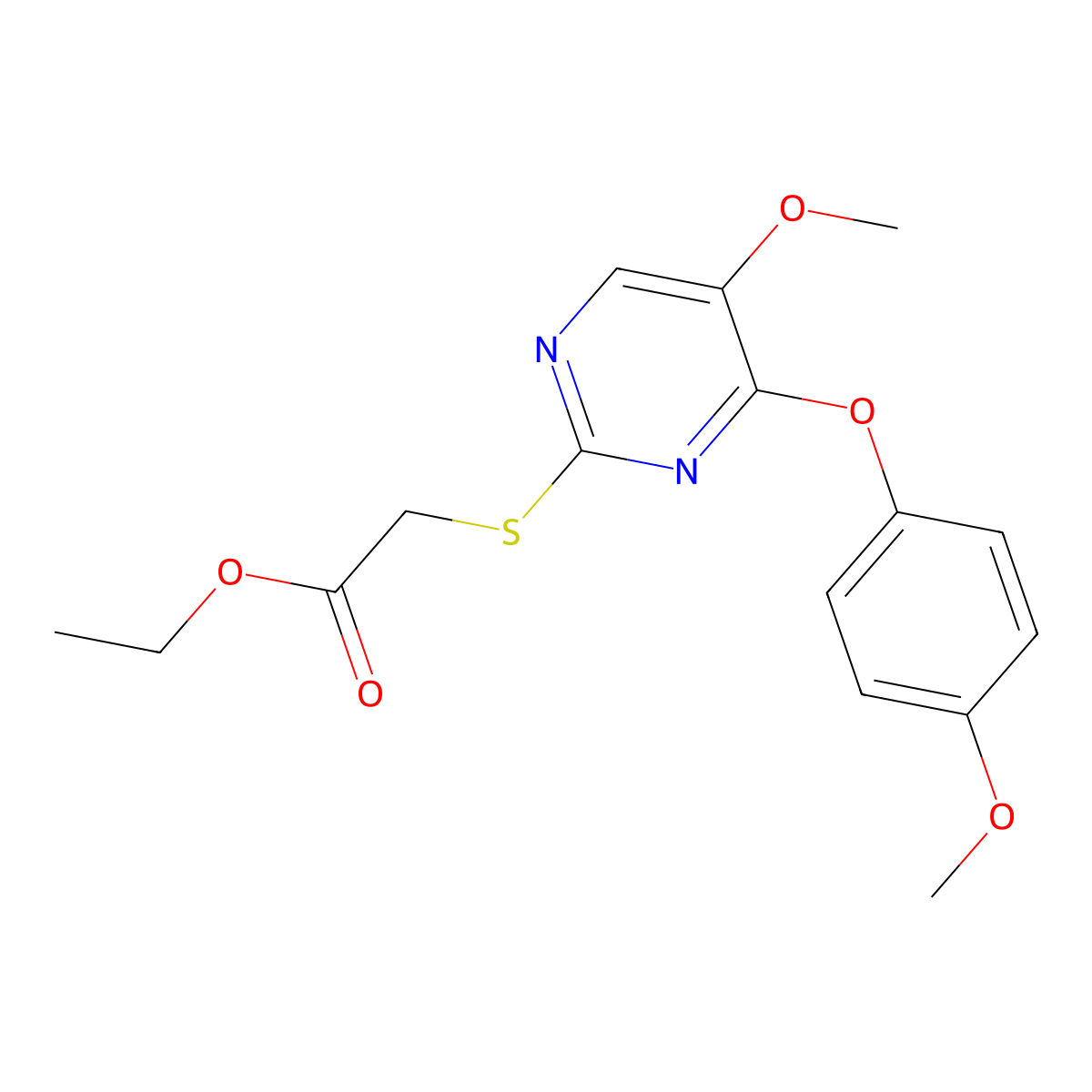 Ethyl 2-[5-methoxy-4-(4-methoxyphenoxy)pyrimidin-2-yl]sulfanylacetate molecular structure, CAS 338423-47-5