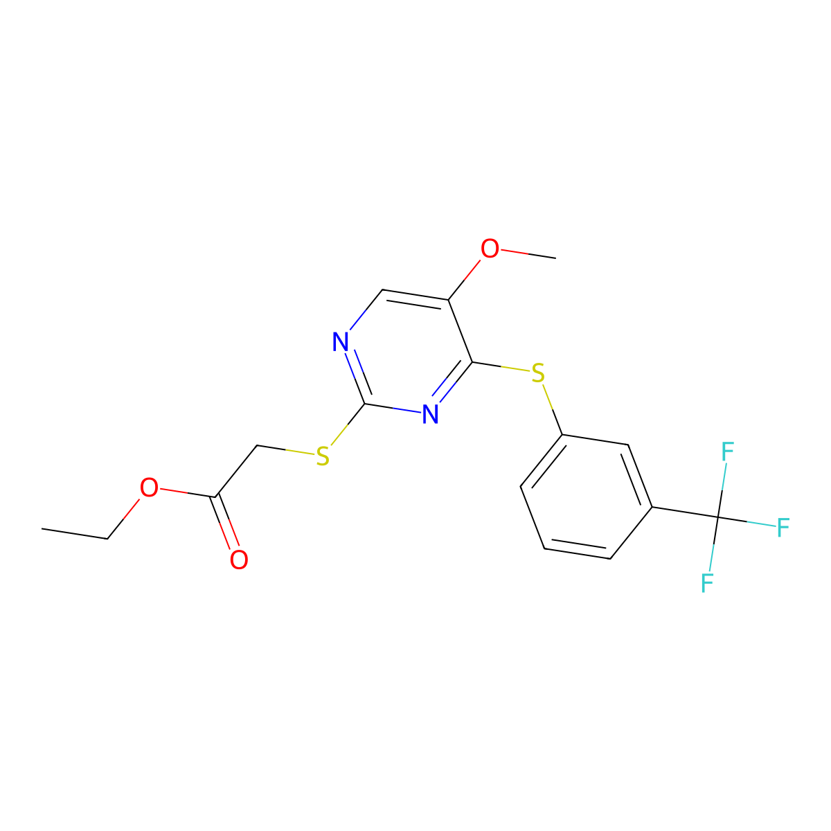 Ethyl 2-((5-methoxy-4-((3-(trifluoromethyl)phenyl)sulfanyl)-2-pyrimidinyl)sulfanyl)acetate molecular structure, CAS 338423-49-7