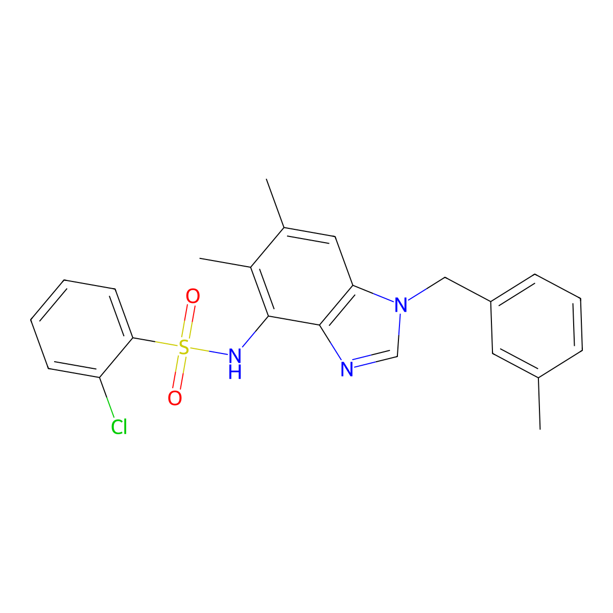 2-chloro-N-[5,6-dimethyl-1-(3-methylbenzyl)-1H-1,3-benzimidazol-4-yl]benzenesulfonamide molecular structure, CAS 338423-62-4