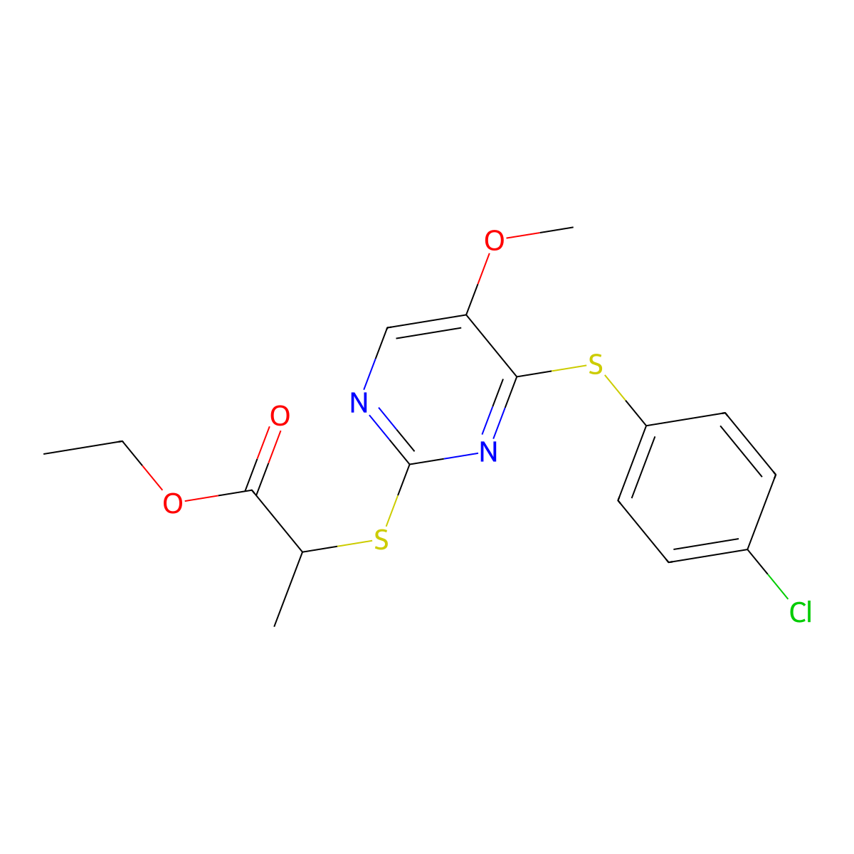 Ethyl 2-({4-[(4-chlorophenyl)sulfanyl]-5-methoxy-2-pyrimidinyl}sulfanyl)propanoate molecular structure, CAS 338423-63-5