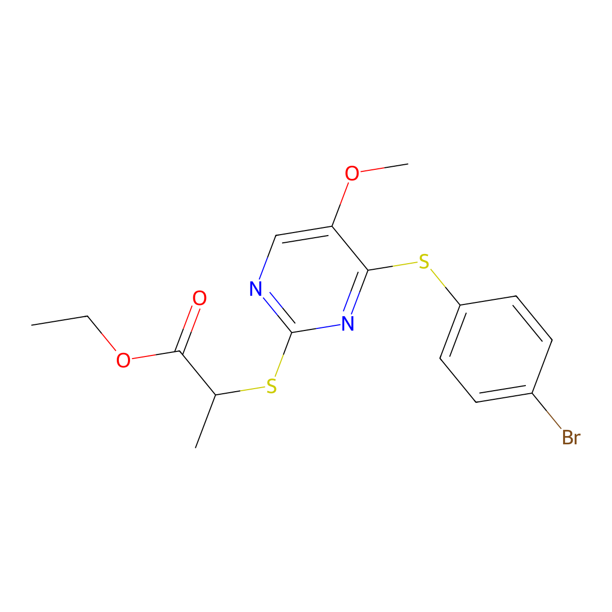 Ethyl 2-((4-((4-bromophenyl)sulfanyl)-5-methoxy-2-pyrimidinyl)sulfanyl)propanoate molecular structure, CAS 338423-64-6