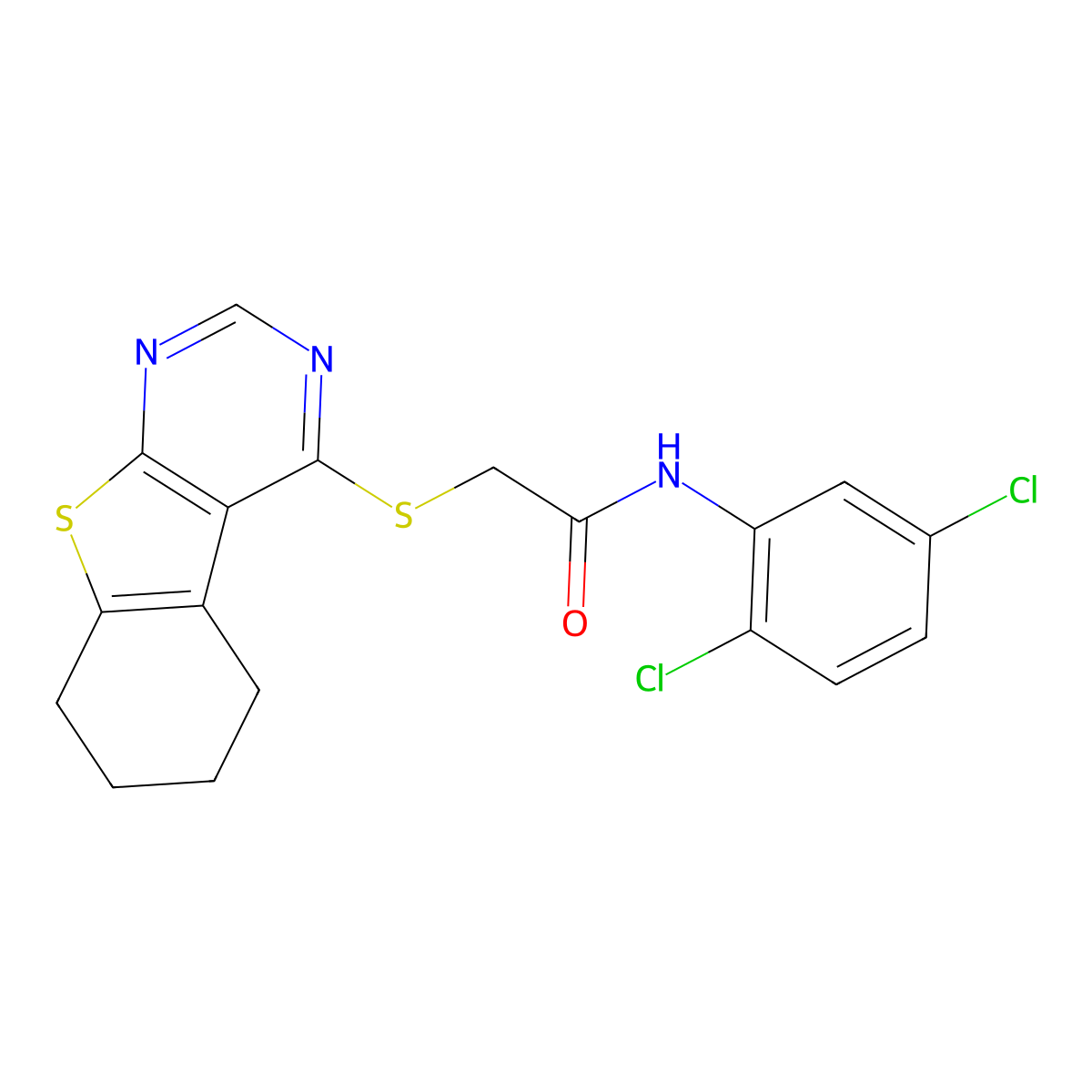N-(2,5-dichlorophenyl)-2-(5,6,7,8-tetrahydro[1]benzothieno[2,3-d]pyrimidin-4-ylsulfanyl)acetamide molecular structure, CAS 338424-21-8