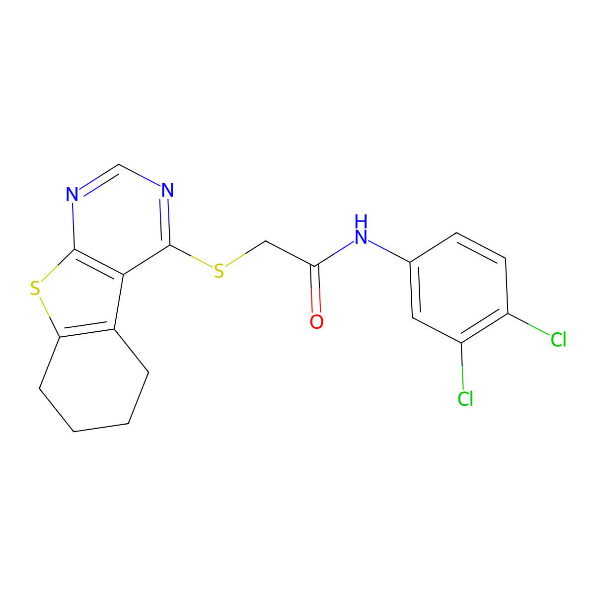 N-(3,4-dichlorophenyl)-2-(5,6,7,8-tetrahydro[1]benzothieno[2,3-d]pyrimidin-4-ylsulfanyl)acetamide molecular structure, CAS 338424-23-0