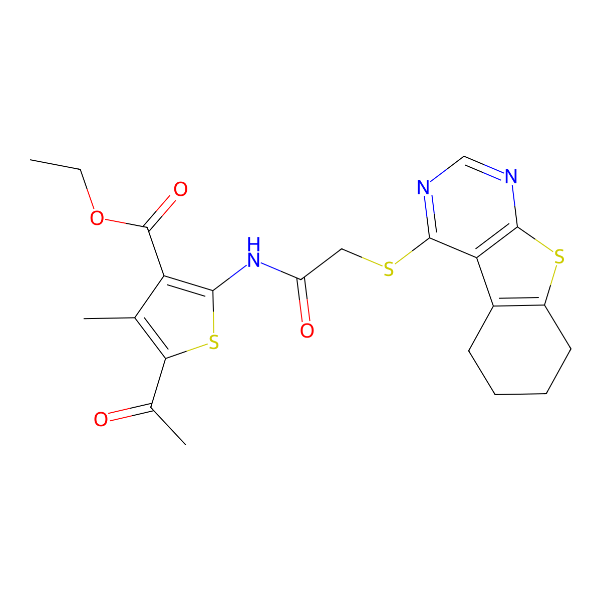 Ethyl 5-acetyl-4-methyl-2-[[2-[(5,6,7,8-tetrahydro[1]benzothieno[2,3-d]pyrimidin-4-yl)thio]acetyl]amino]-3-thiophenecarboxylate molecular structure, CAS 338424-39-8