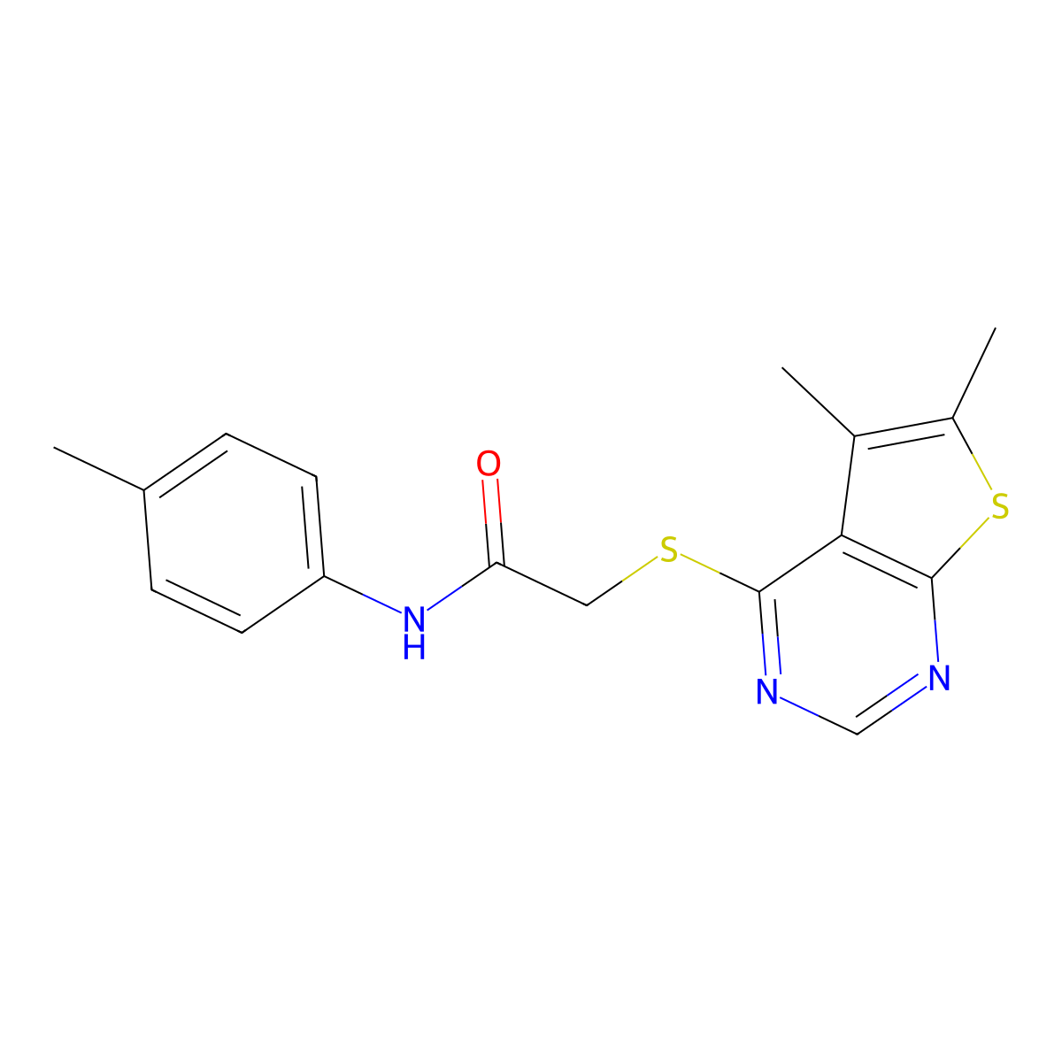 2-(5,6-dimethylthieno[2,3-d]pyrimidin-4-yl)sulfanyl-N-(4-methylphenyl)acetamide molecular structure, CAS 338424-68-3