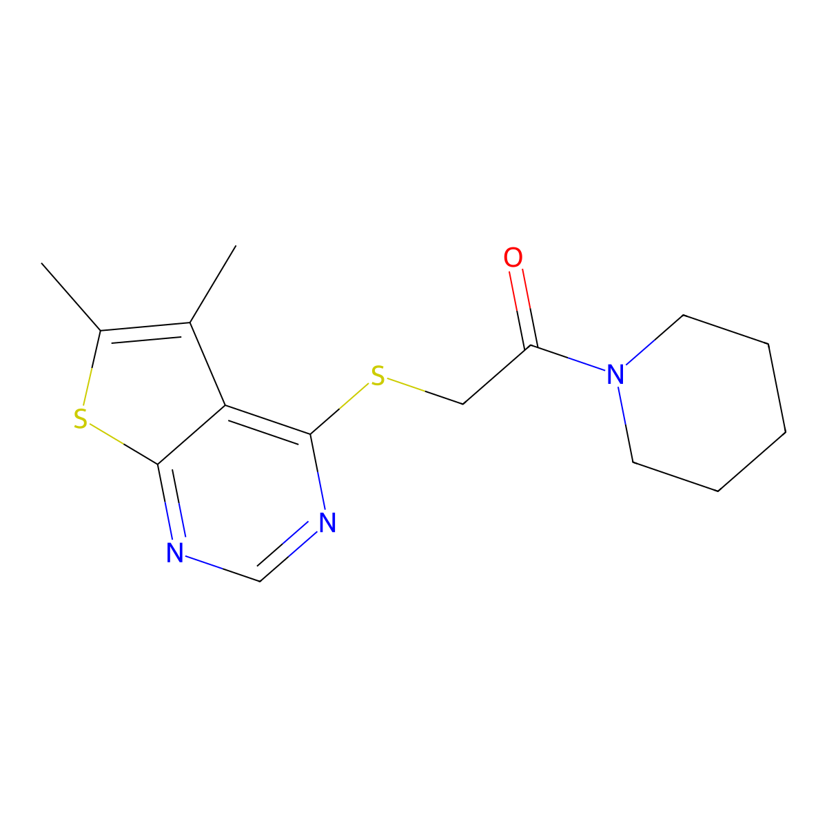 2-(5,6-Dimethylthieno[2,3-d]pyrimidin-4-yl)sulfanyl-1-piperidin-1-ylethanone molecular structure, CAS 338424-98-9