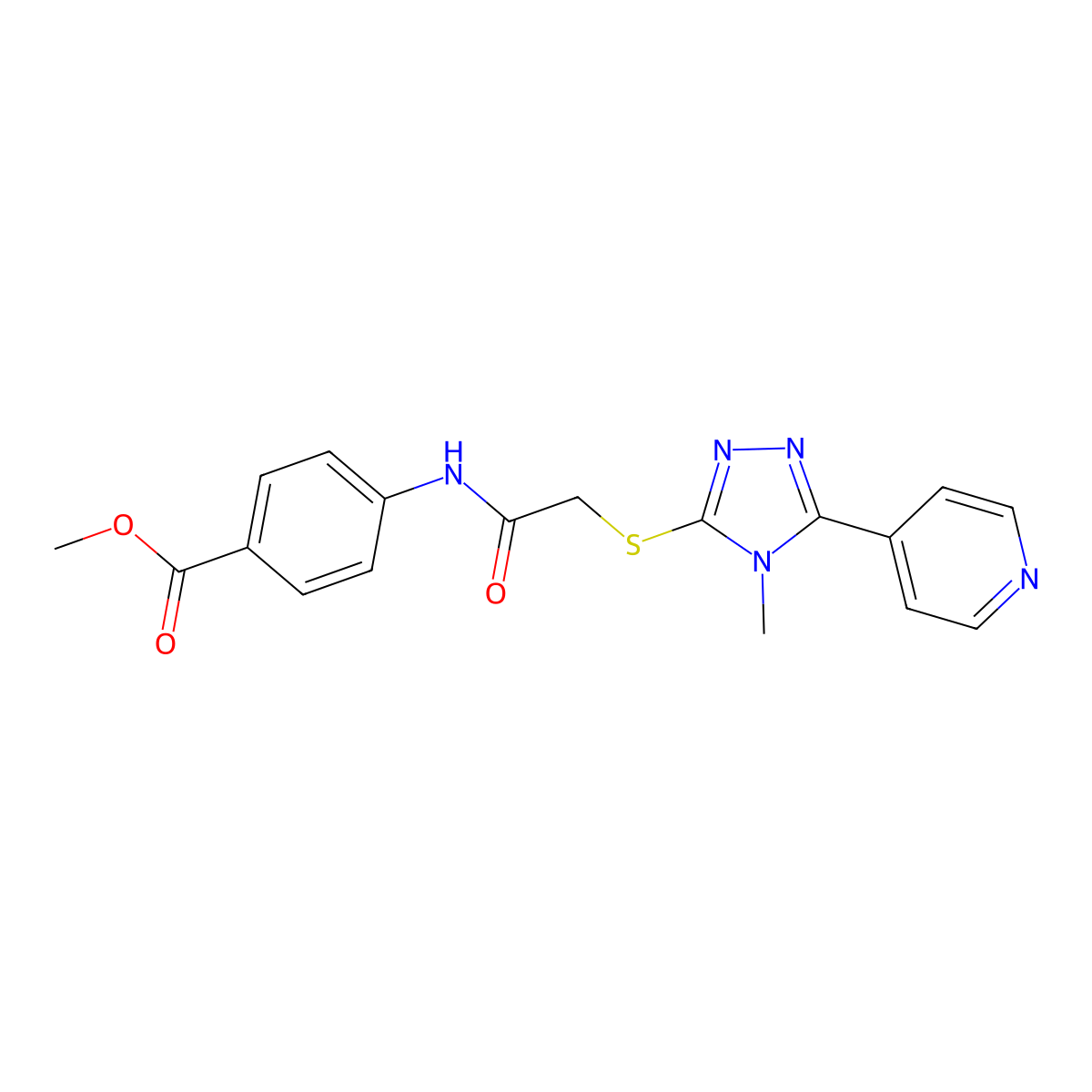 4-[2-(4-Methyl-5-pyridin-4-yl-4H-[1,2,4]triazol-3-ylsulfanyl)-acetylamino]-benzoic acid methyl ester molecular structure, CAS 338425-42-6