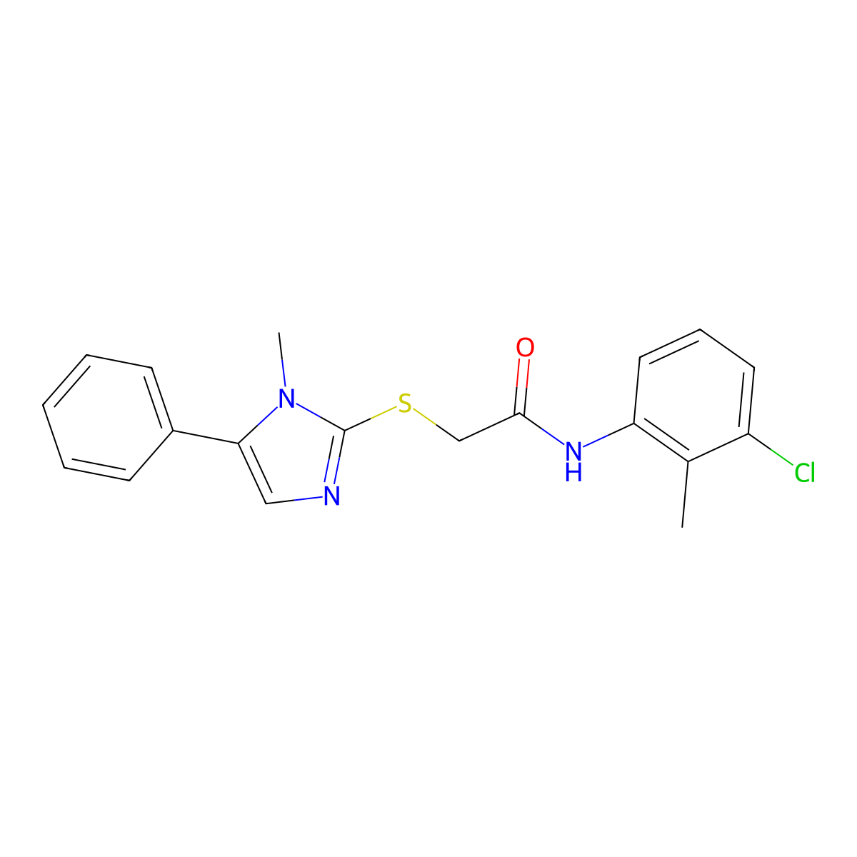 N-(3-chloro-2-methylphenyl)-2-((1-methyl-5-phenyl-1H-imidazol-2-yl)thio)acetamide molecular structure, CAS 338426-34-9