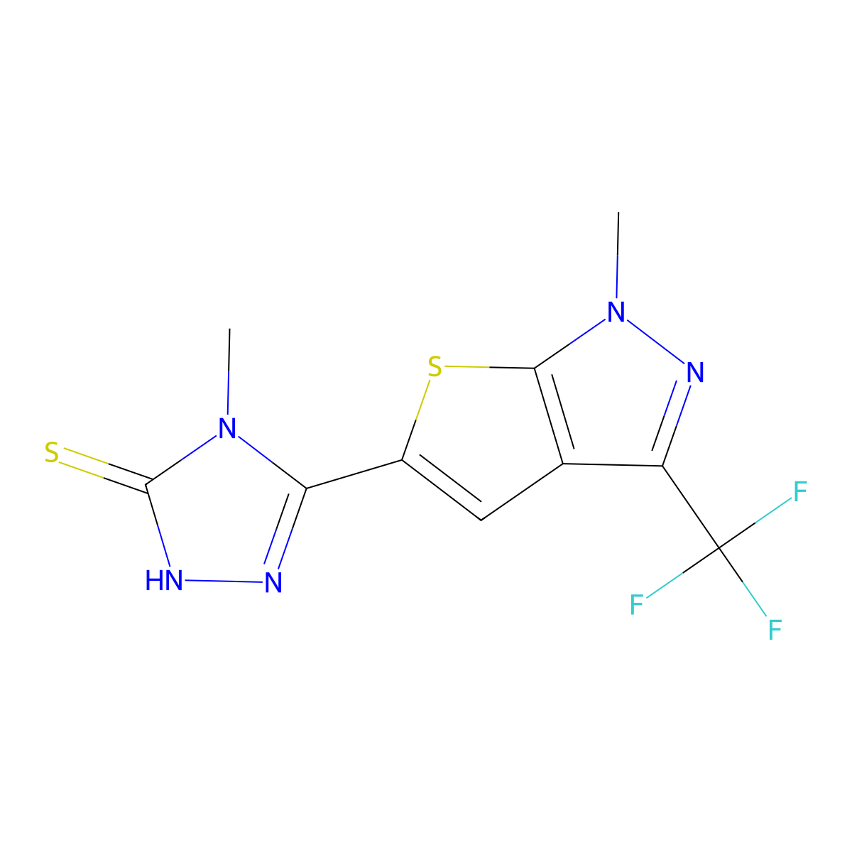 4-methyl-5-[1-methyl-3-(trifluoromethyl)-1H-thieno[2,3-c]pyrazol-5-yl]-4H-1,2,4-triazole-3-thiol molecular structure, CAS 338747-58-3