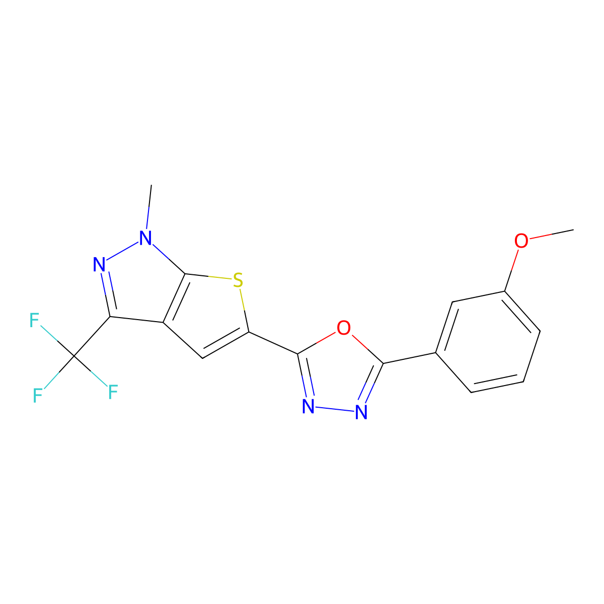 methyl 3-{5-[1-methyl-3-(trifluoromethyl)-1H-thieno[2,3-c]pyrazol-5-yl]-1,3,4-oxadiazol-2-yl}phenyl ether molecular structure, CAS 338747-63-0