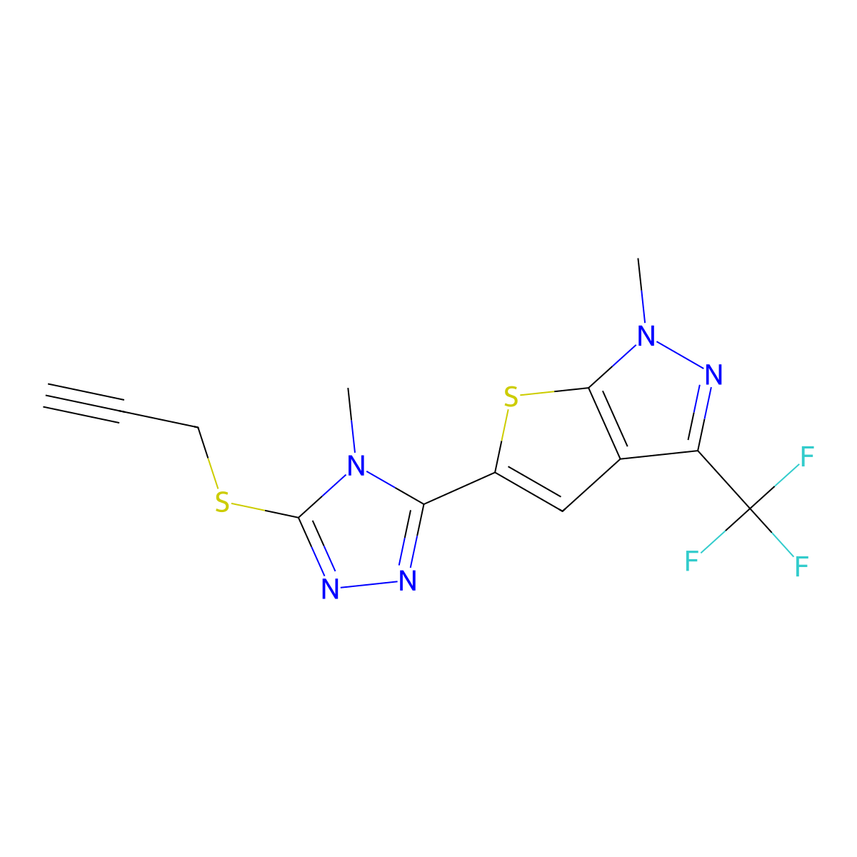 1-methyl-5-[4-methyl-5-(2-propynylsulfanyl)-4H-1,2,4-triazol-3-yl]-3-(trifluoromethyl)-1H-thieno[2,3-c]pyrazole molecular structure, CAS 338747-67-4